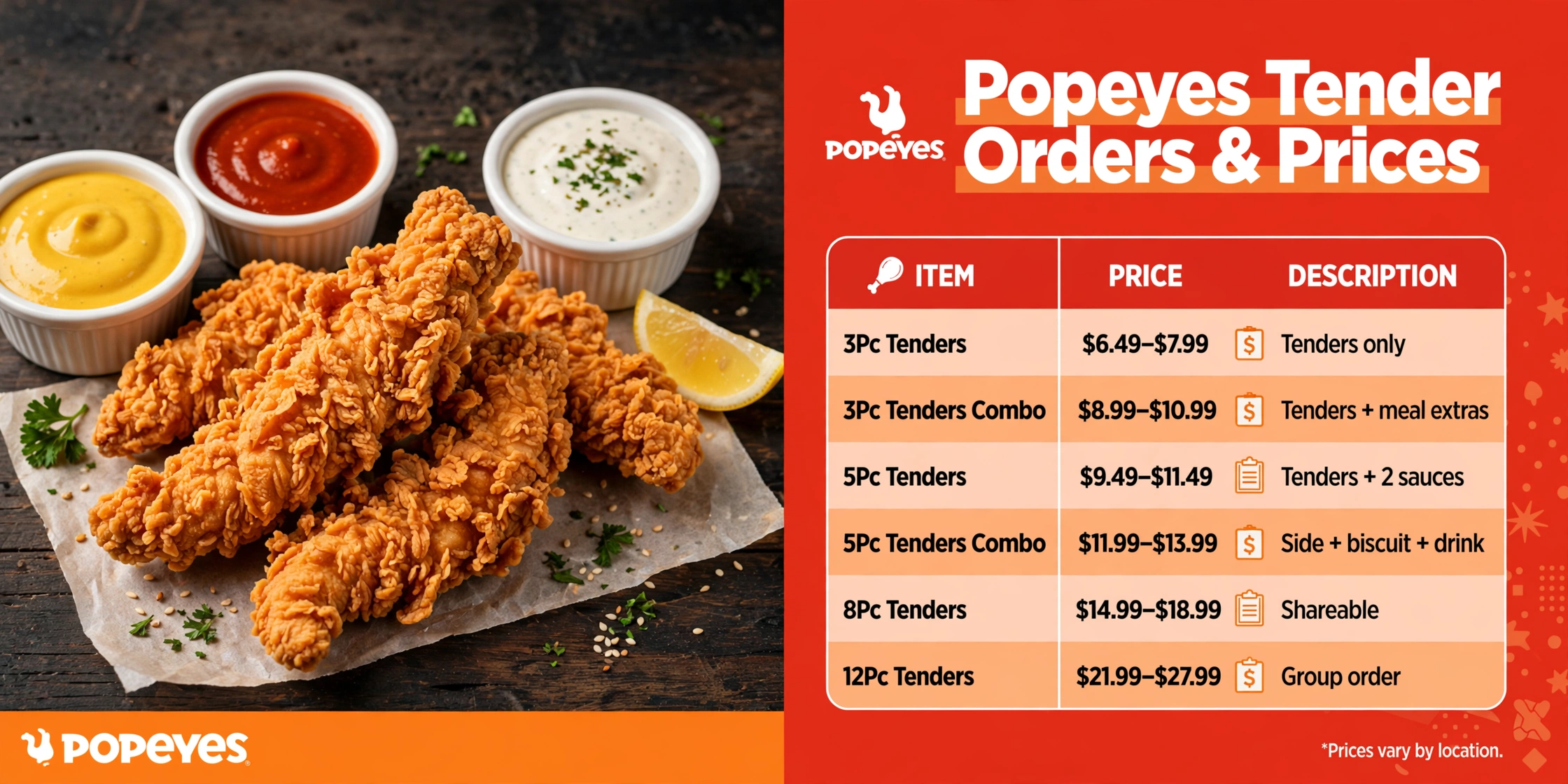 Popeyes tender orders and prices infographic - 3Pc to 12Pc tenders with combos