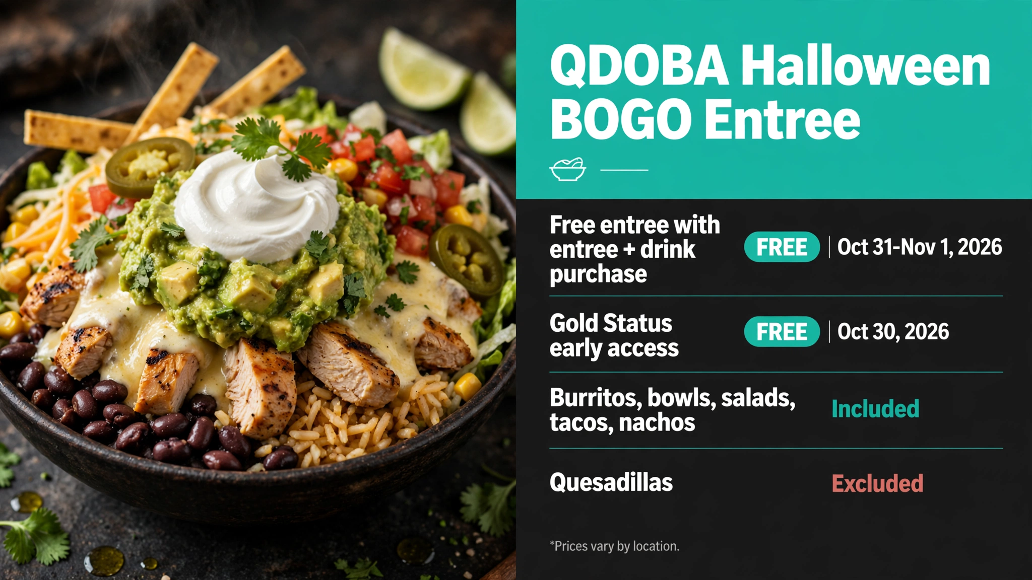 QDOBA Halloween BOGO free entree deal infographic