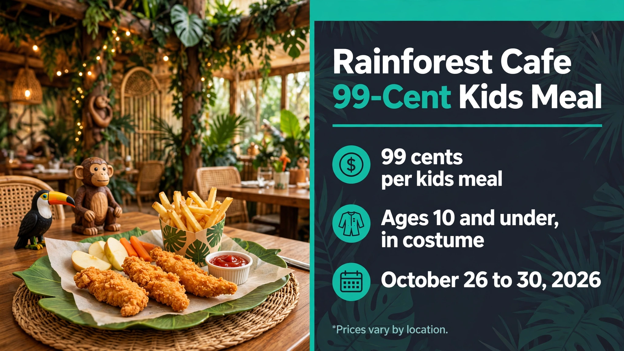 Rainforest Cafe 99 Cent Kids Meal Halloween deal infographic