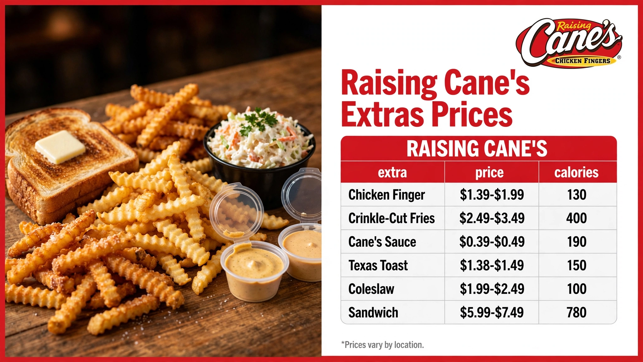 Raising Canes Menu Extras infographic