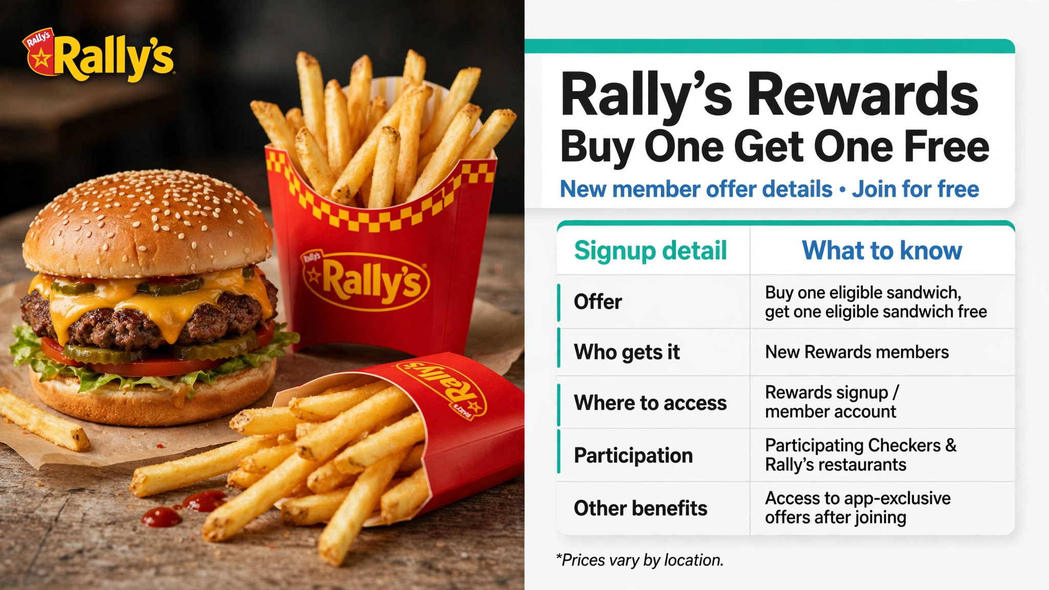 Rally's rewards signup BOGO offer details infographic