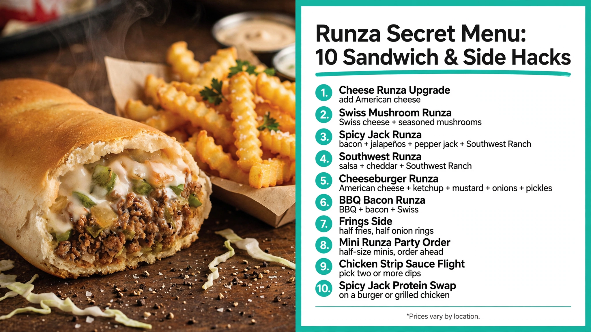 Runza secret menu 10 sandwich and side hacks infographic