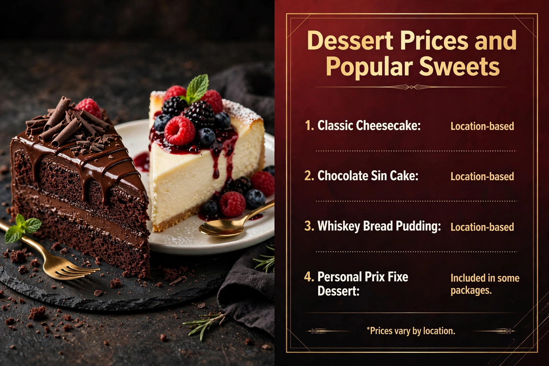 Ruth's Chris Steak House dessert prices infographic showing classic cheesecake, chocolate sin cake, whiskey bread pudding and prix fixe dessert pricing