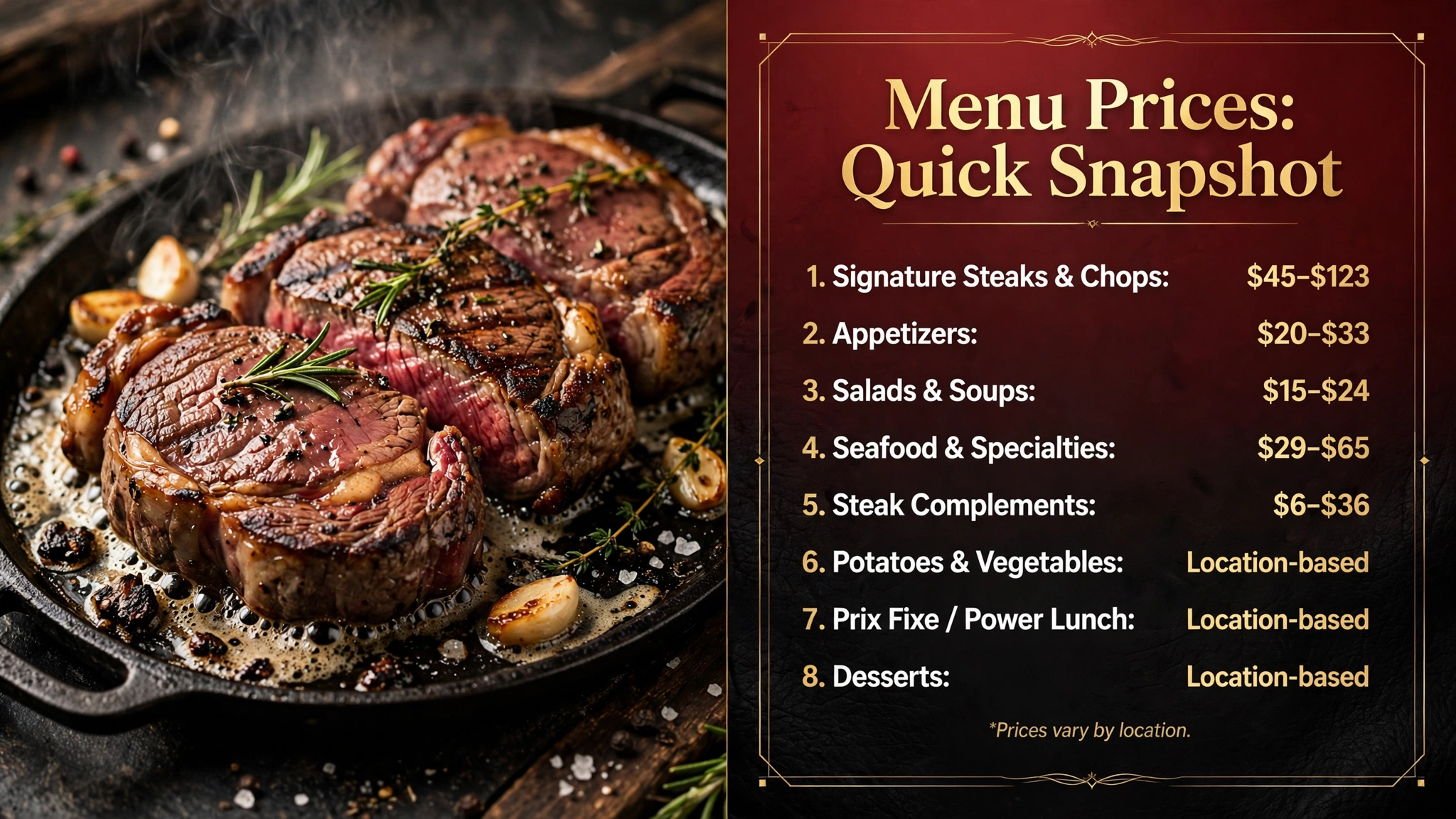 Ruth's Chris Steak House menu prices quick snapshot infographic showing price ranges for signature steaks, appetizers, salads and soups, seafood specialties, steak complements, sides, prix fixe lunches and desserts