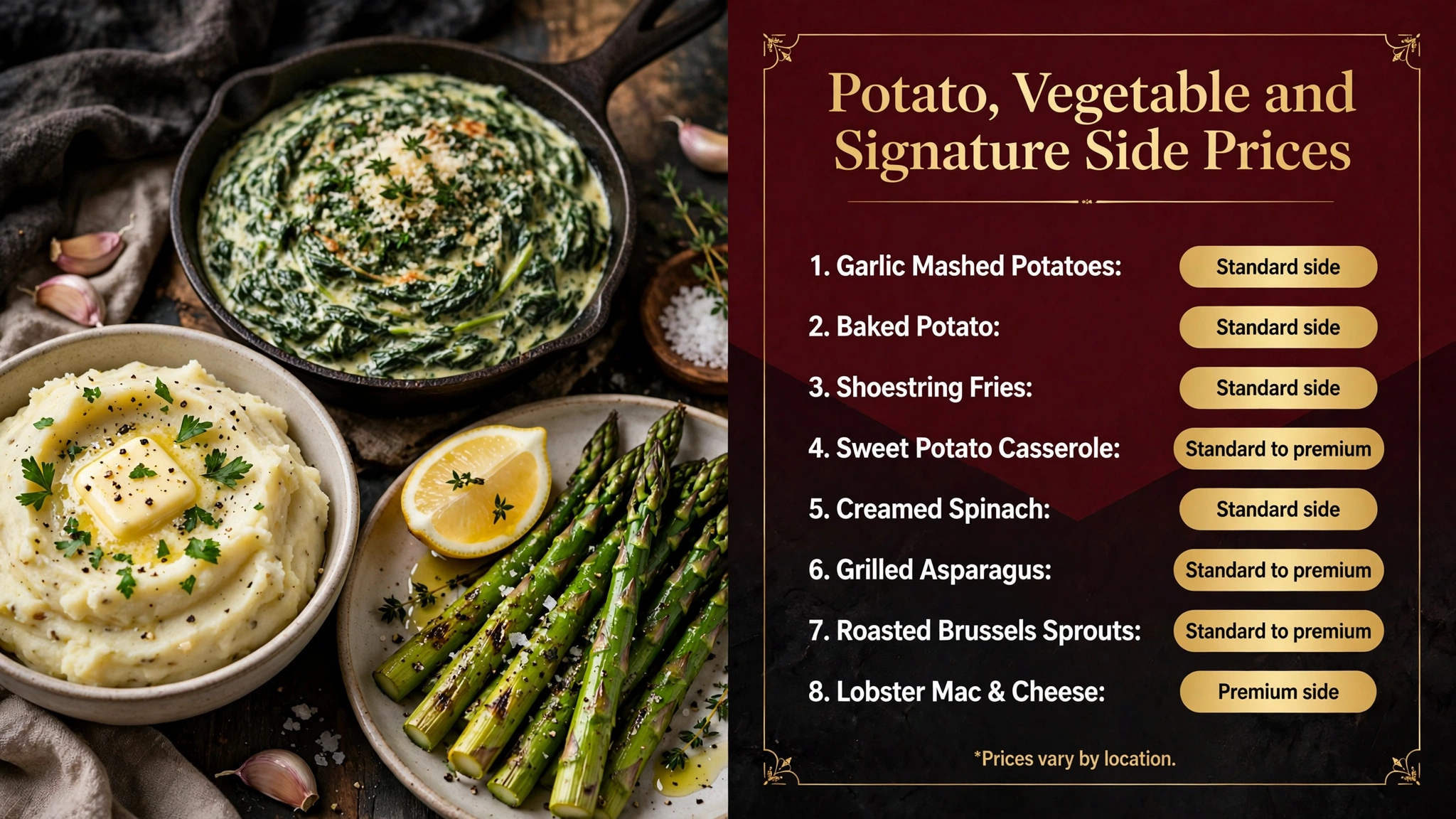 Ruth's Chris Steak House potato, vegetable and signature side prices infographic showing garlic mashed potatoes, baked potato, shoestring fries, creamed spinach, grilled asparagus and lobster mac and cheese