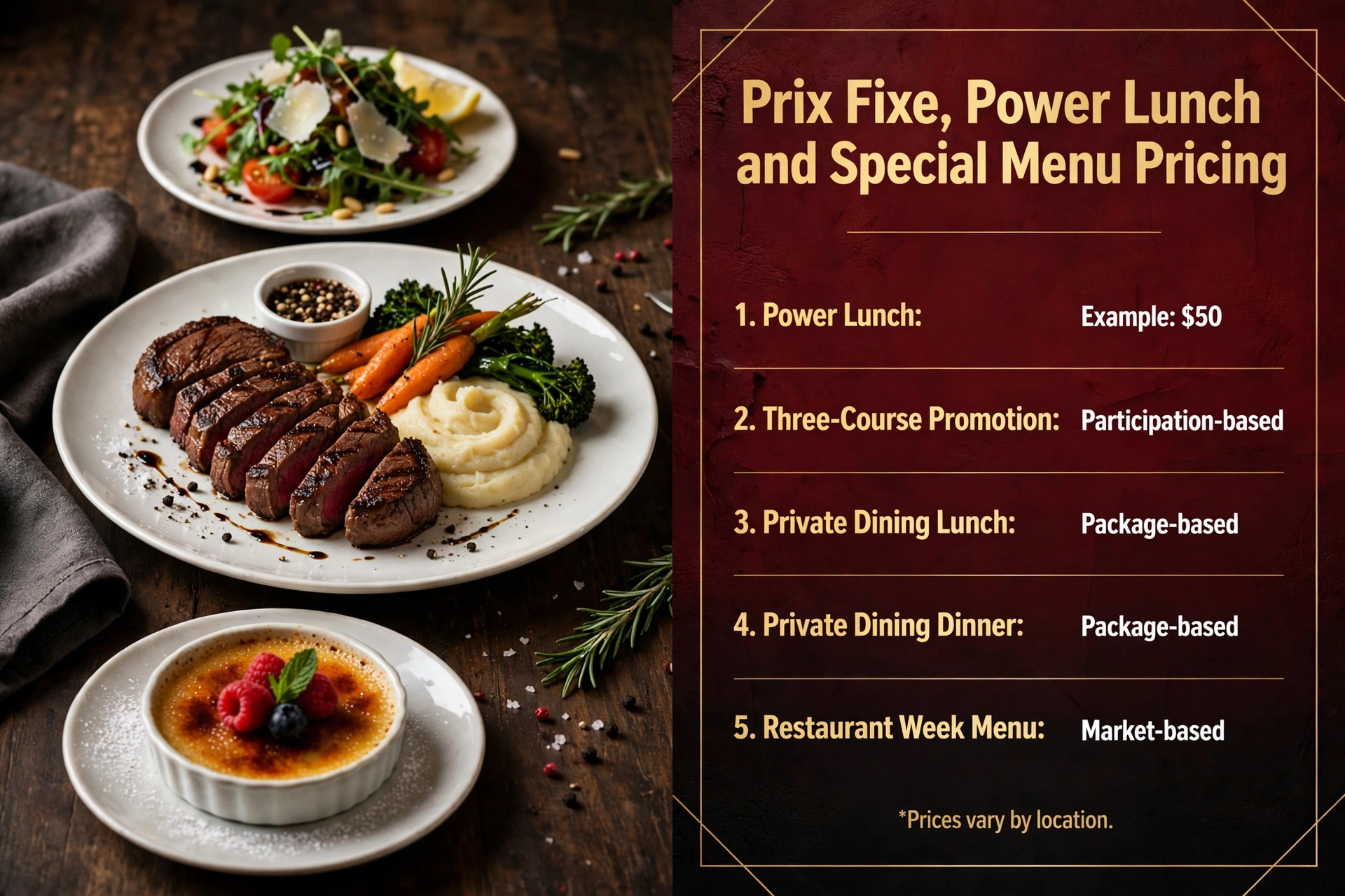 Ruth's Chris Steak House prix fixe, power lunch and special menu pricing infographic showing power lunch, three-course promotion and private dining pricing