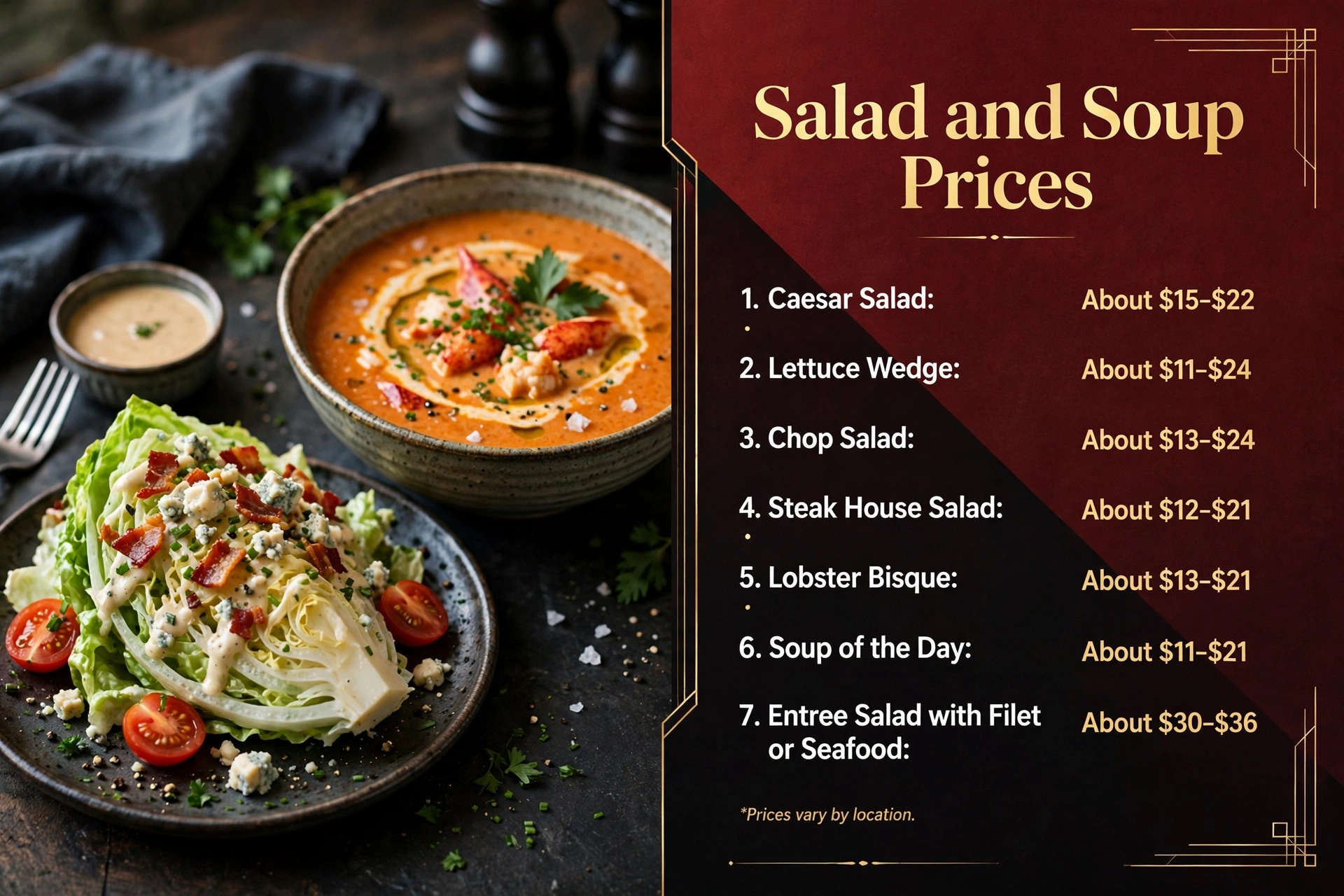 Ruth's Chris Steak House salad and soup prices infographic showing Caesar salad, lettuce wedge, chop salad, steak house salad, lobster bisque and soup of the day price ranges