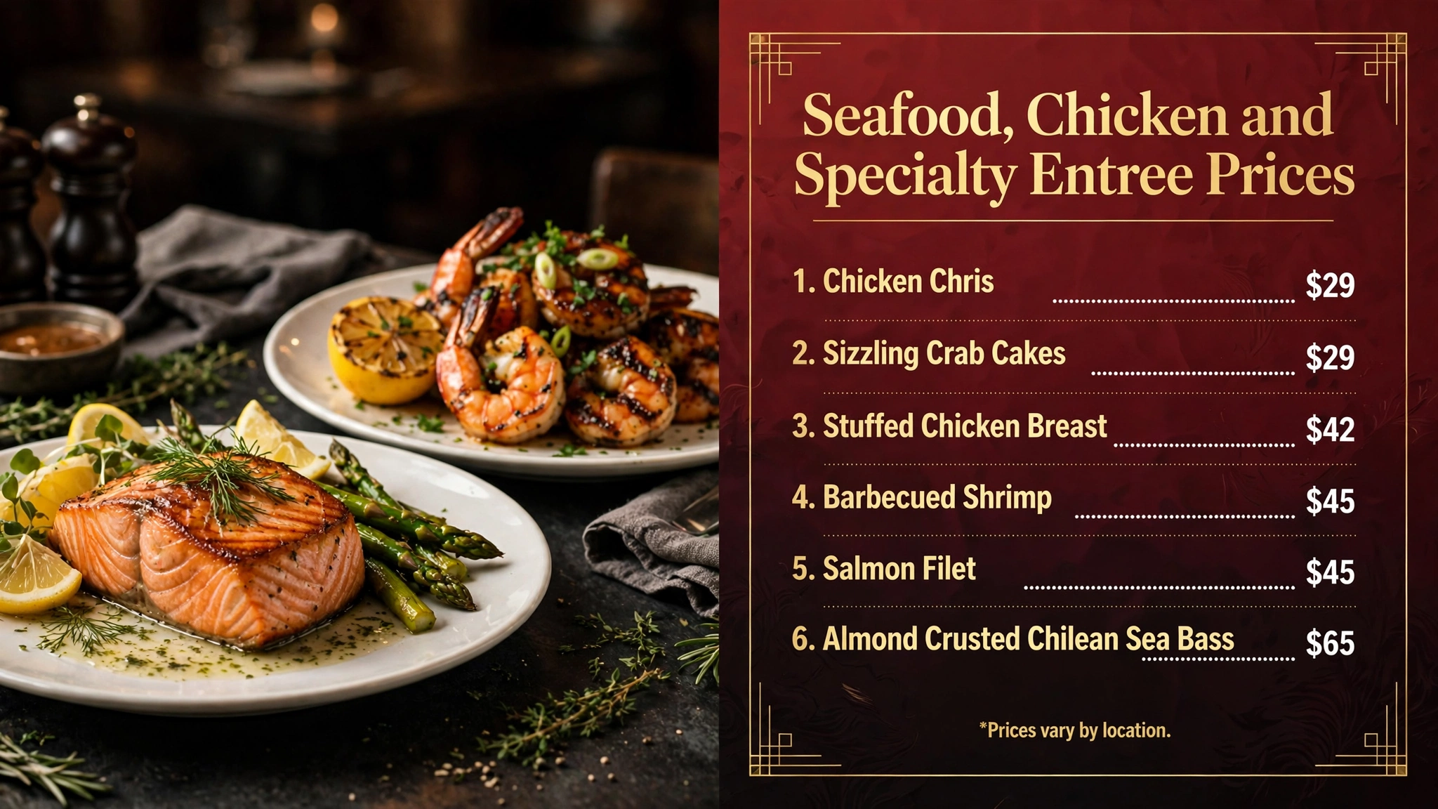 Ruth's Chris Steak House seafood, chicken and specialty entree prices infographic showing Chicken Chris, crab cakes, stuffed chicken breast, barbecued shrimp, salmon filet and Chilean sea bass prices