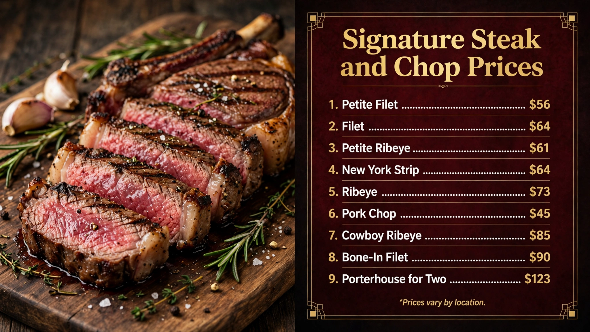 Ruth's Chris Steak House signature steak and chop prices infographic showing filet, ribeye, New York strip, pork chop, cowboy ribeye, bone-in filet and porterhouse for two prices