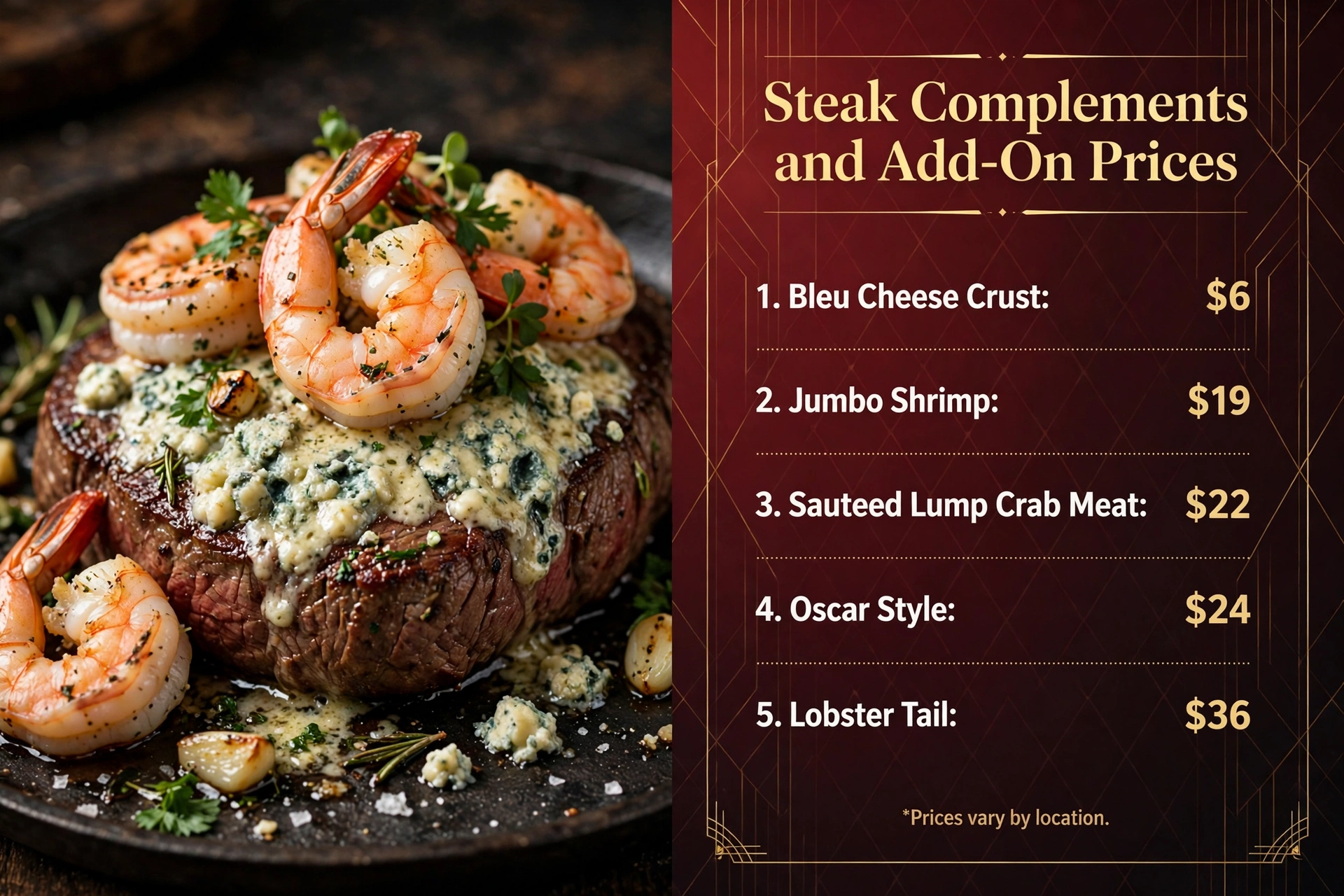 Ruth's Chris Steak House steak complements and add-on prices infographic showing bleu cheese crust, jumbo shrimp, sauteed lump crab meat, Oscar style and lobster tail prices