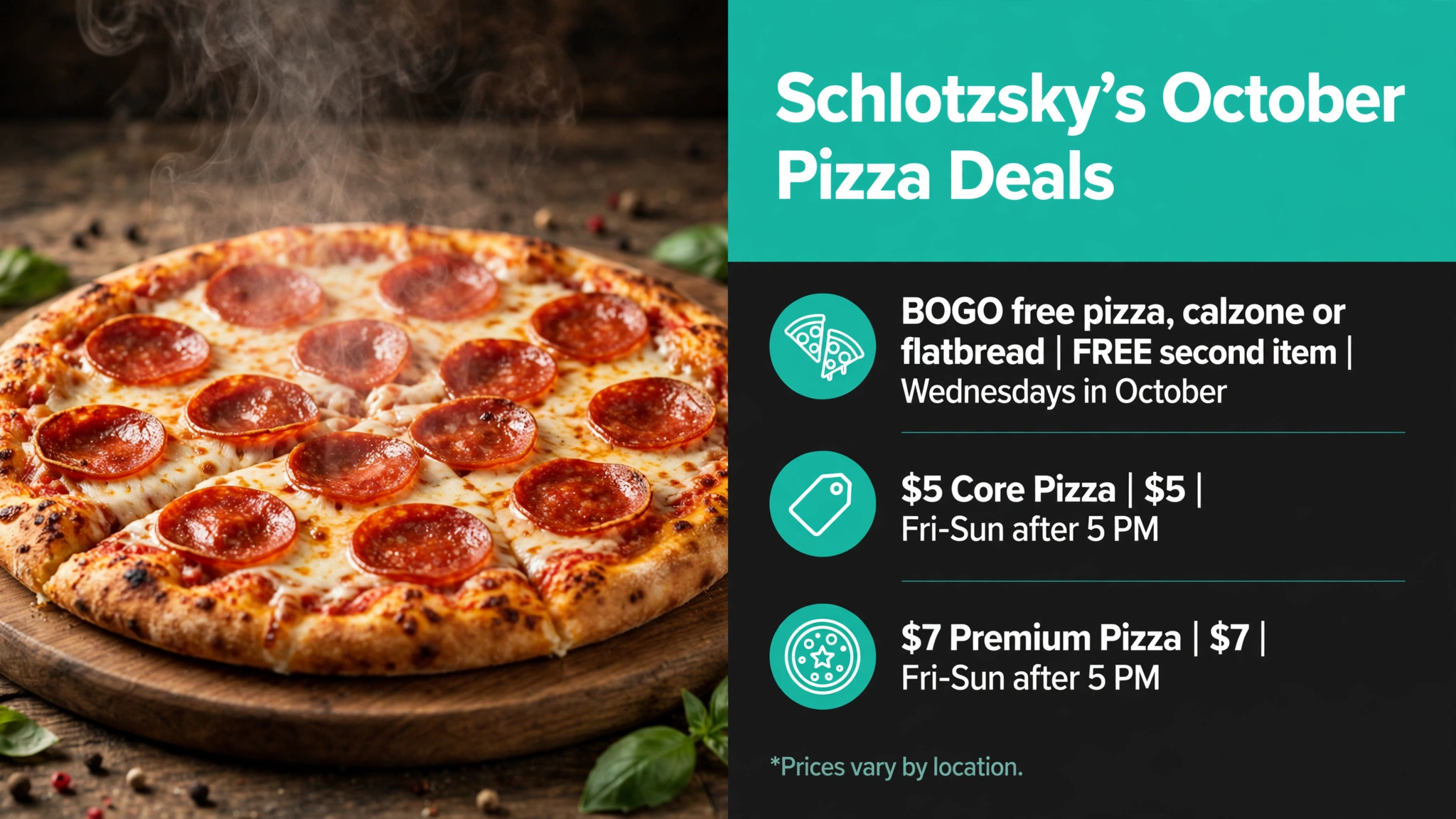 Schlotzsky's October pizza deals: BOGO Wednesdays and $5 core pizzas infographic
