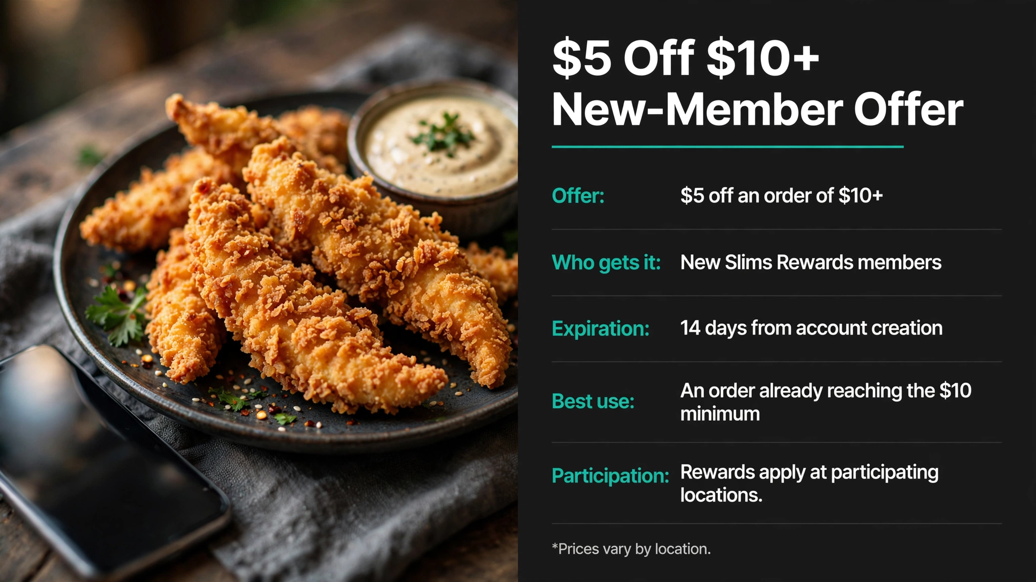 Slim Chickens $5 off $10 plus new-member offer infographic: who gets it, 14-day expiration and participation rules