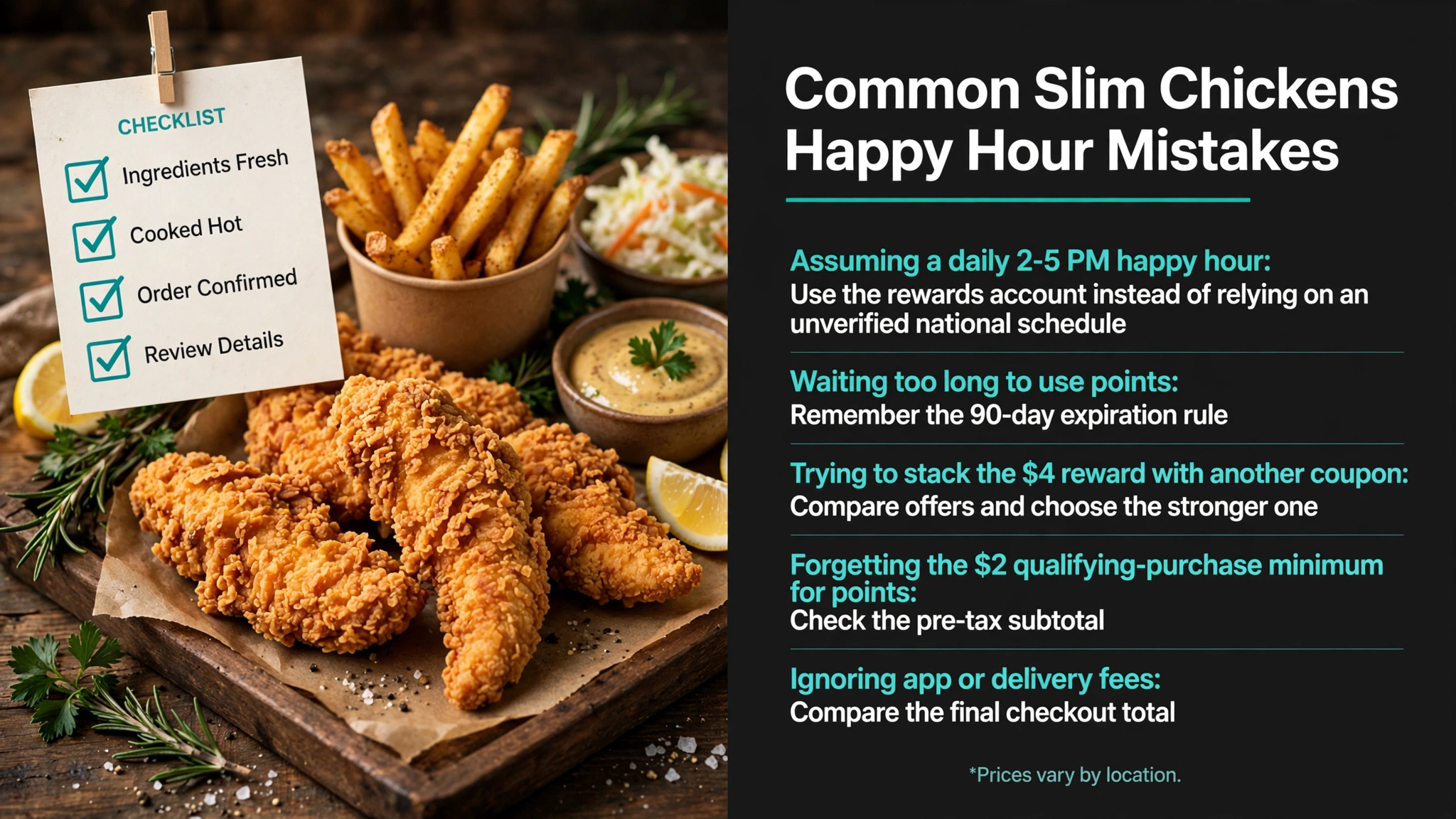 Common Slim Chickens happy hour mistakes infographic: five mistakes and better approaches