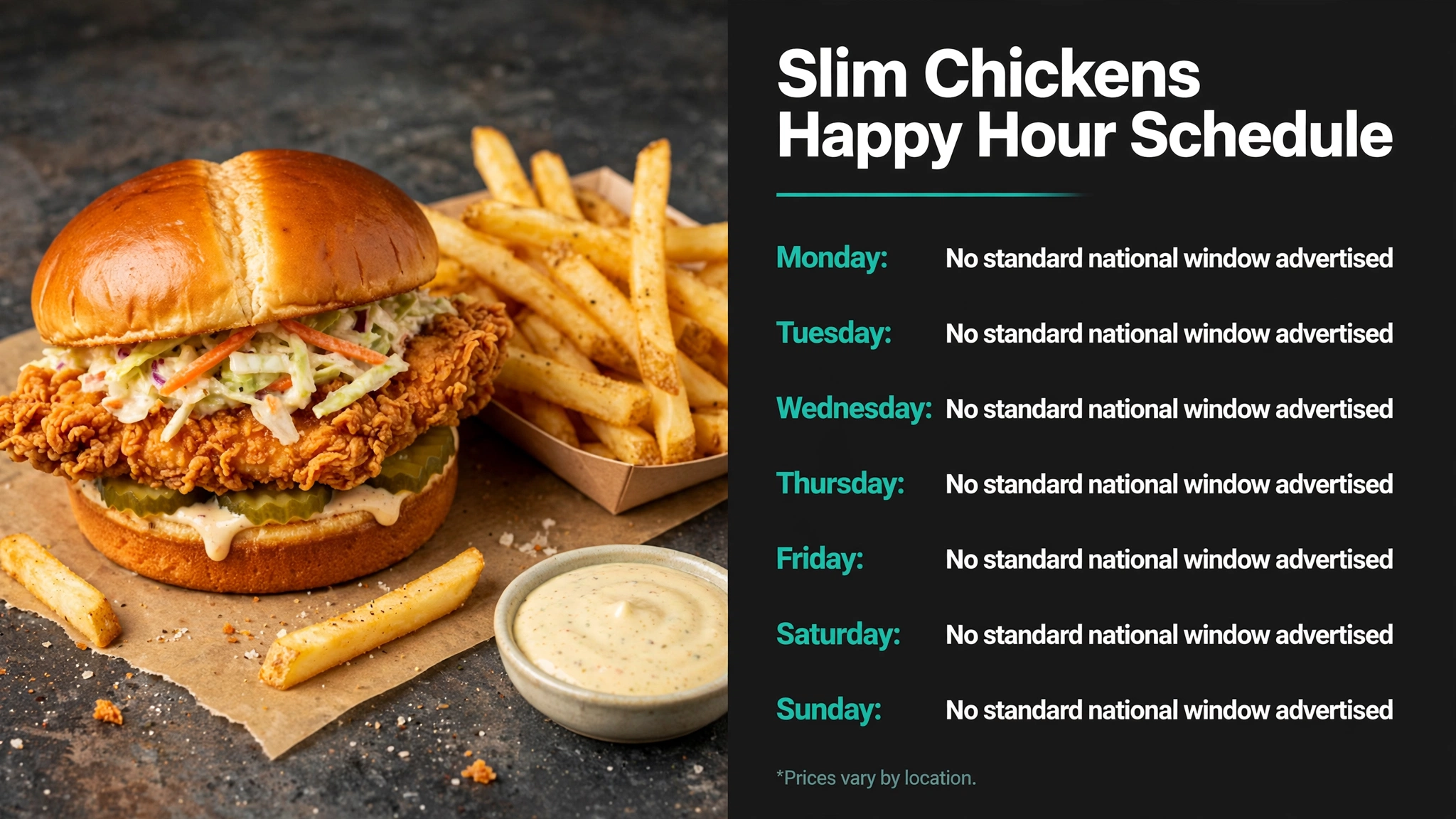 Slim Chickens happy hour schedule infographic: no standard national happy hour window advertised any day of the week