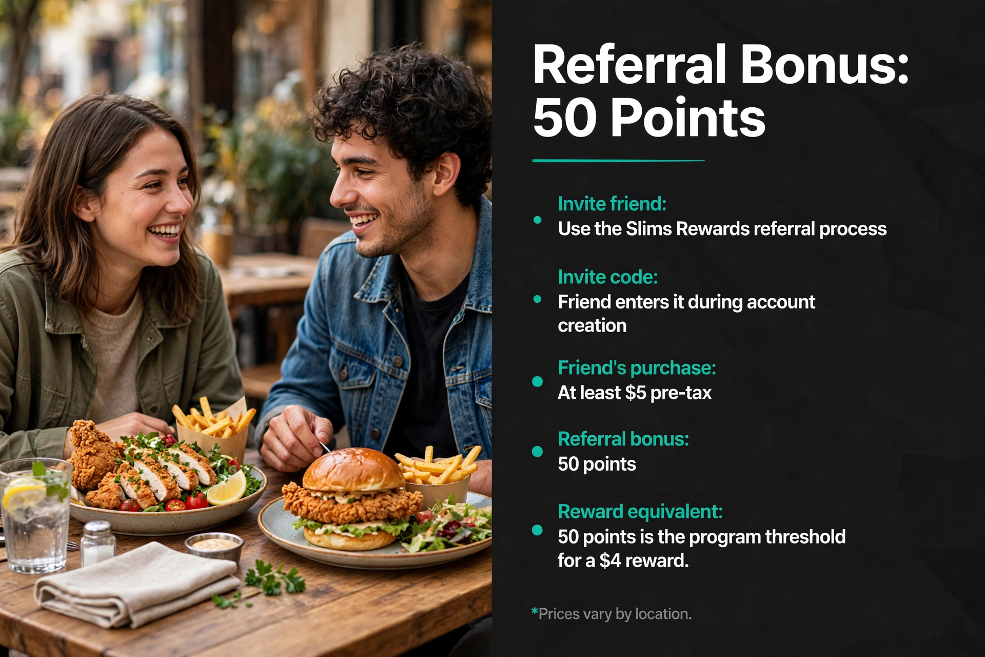 Slim Chickens referral bonus infographic: 50 points referral steps and reward threshold