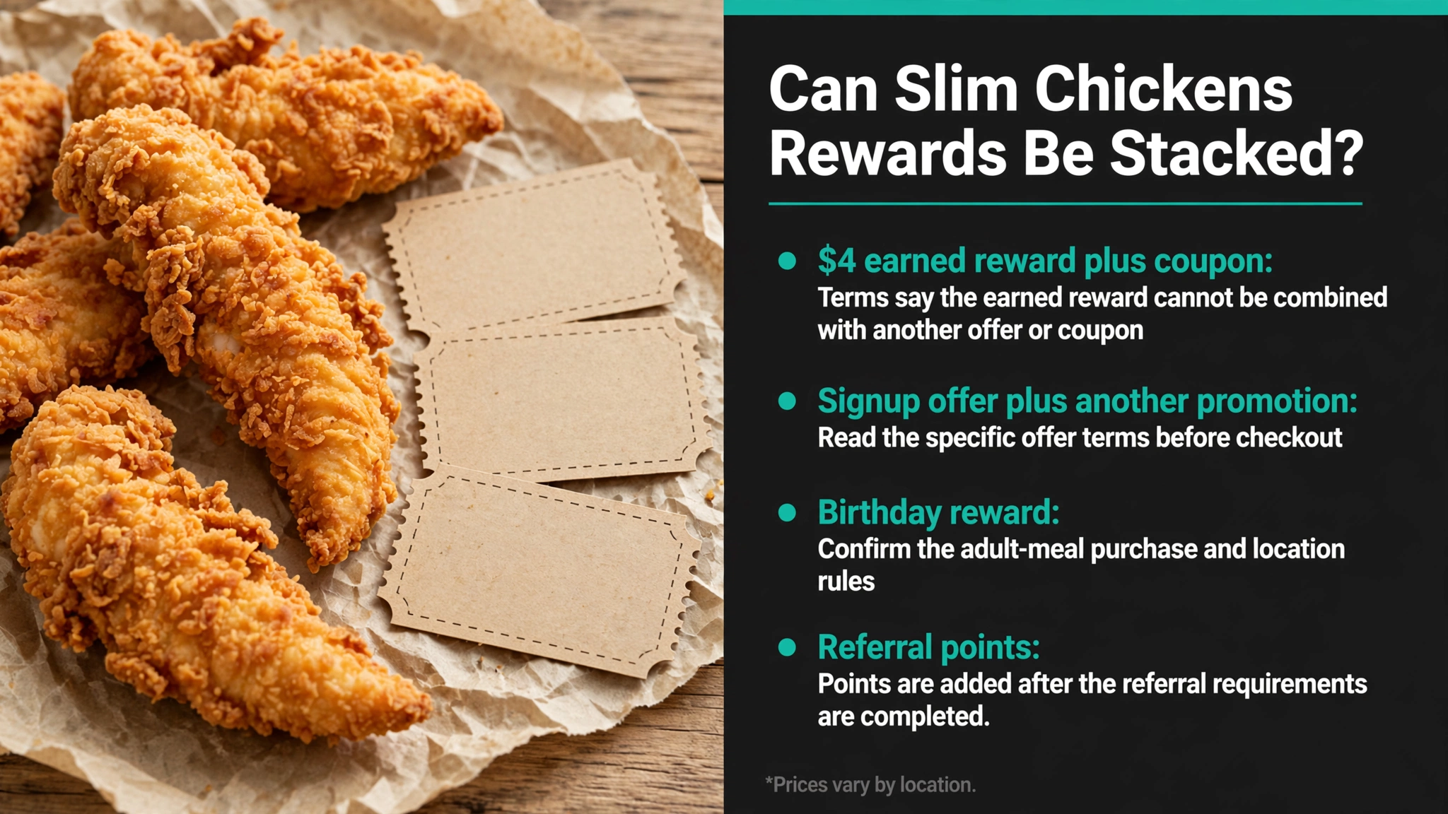 Can Slim Chickens rewards be stacked infographic: stacking rules for rewards, coupons and signup offers