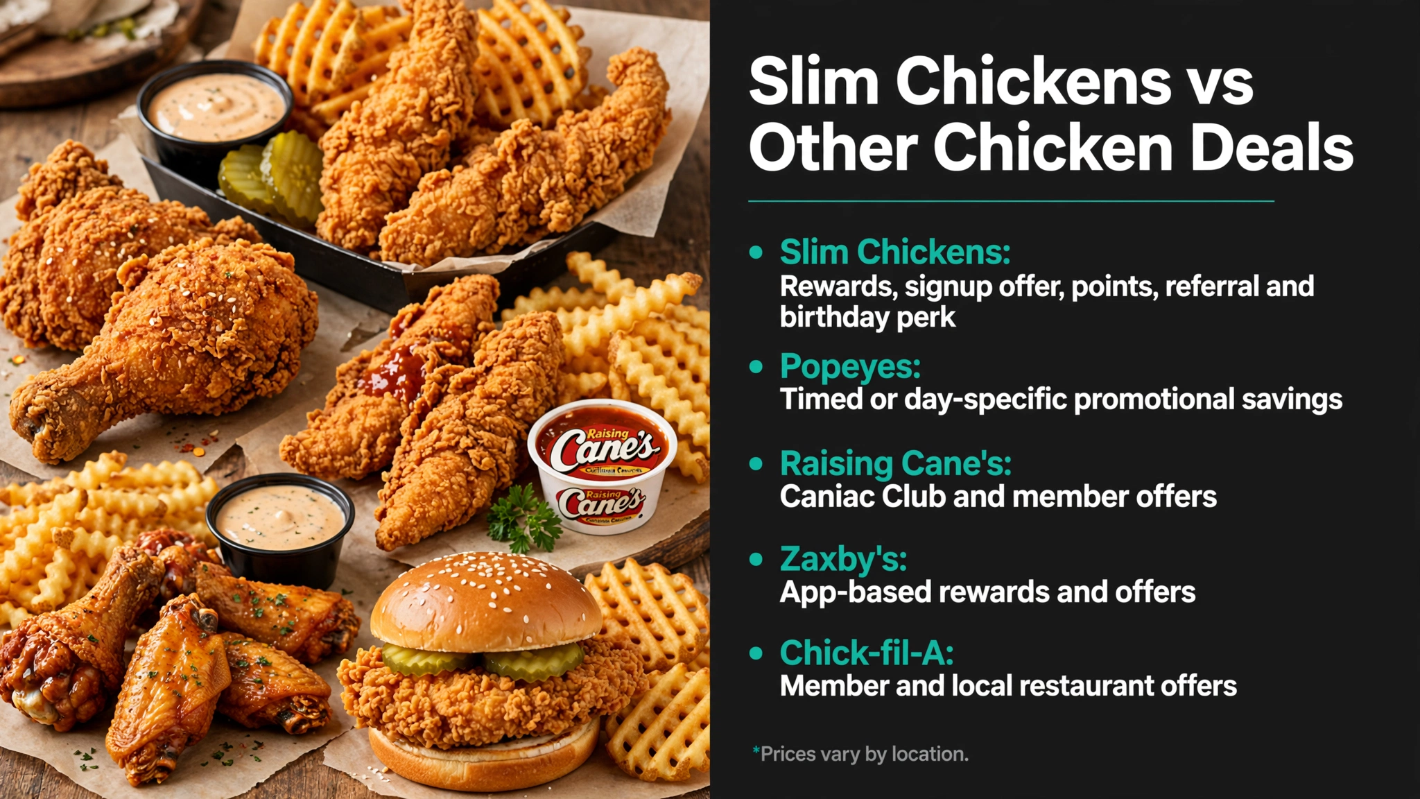 Slim Chickens vs other chicken deals infographic: Popeyes, Raising Cane's, Zaxby's and Chick-fil-A comparison