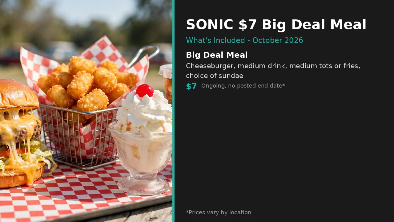 Infographic: SONIC $7 Big Deal Meal with cheeseburger, drink, tots or fries and sundae, October 2026