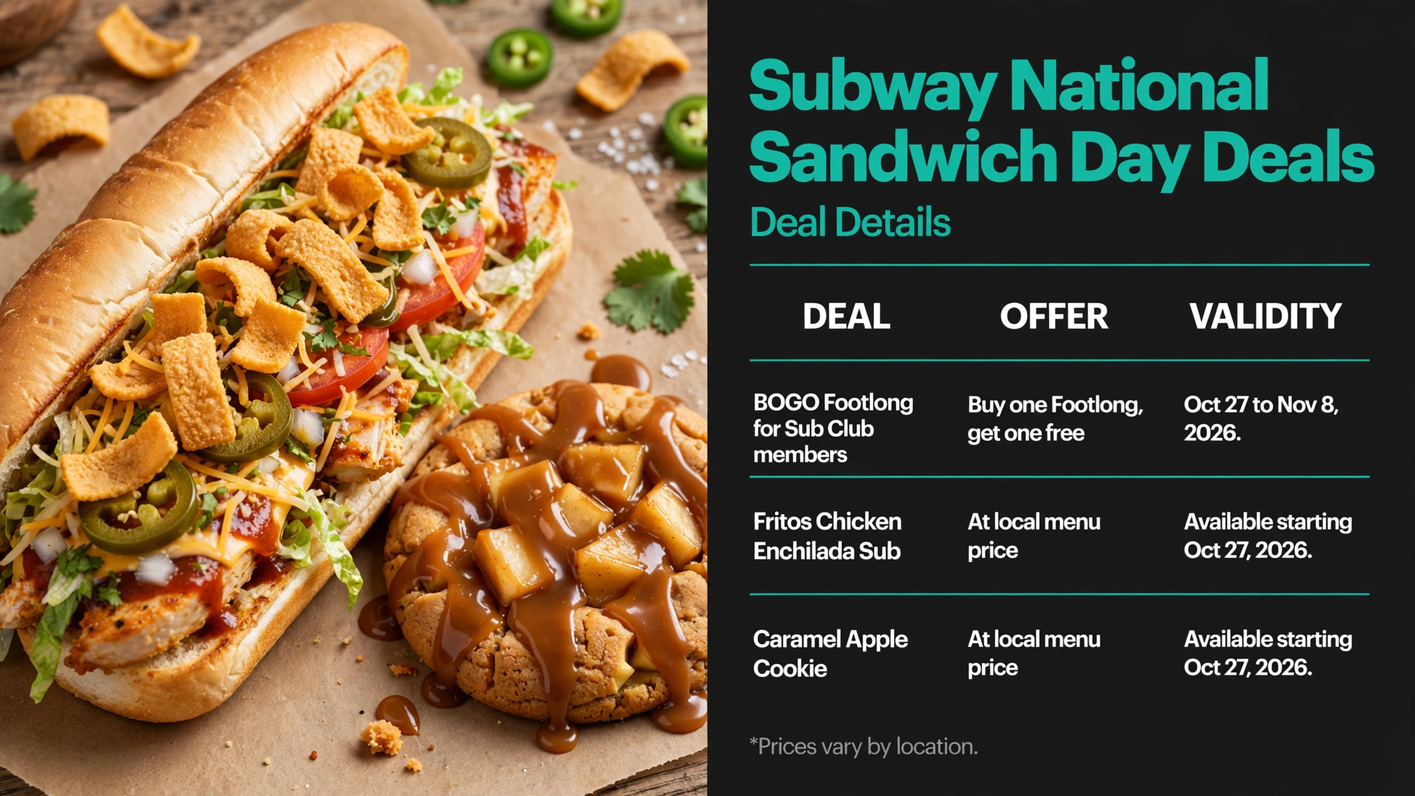 Subway National Sandwich Day: Fritos Chicken Enchilada Sub returns and BOGO footlong deal infographic