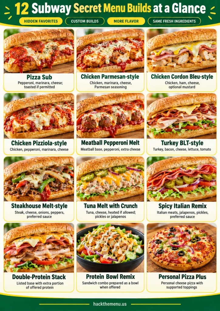 Subway Secret Menu builds at a glance — 12 sub builds poster
