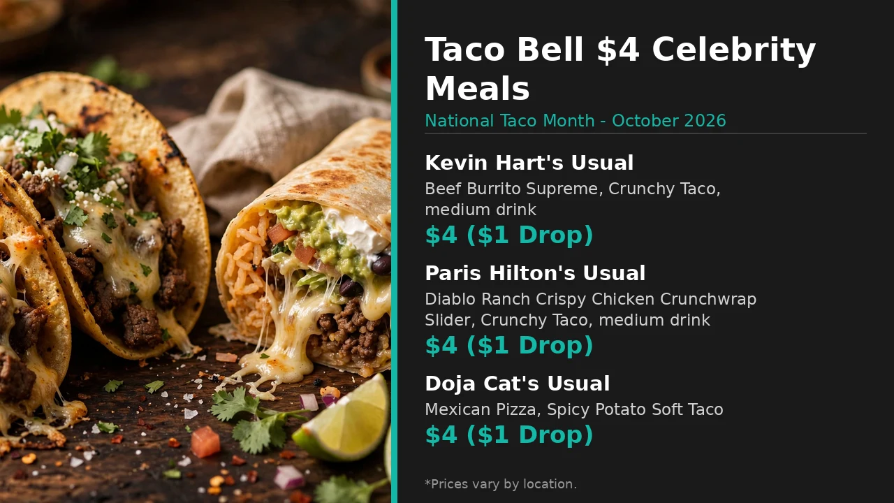 Infographic: Taco Bell $4 celebrity meals deal details for Kevin Hart, Paris Hilton and Doja Cat during National Taco Month, October 2026