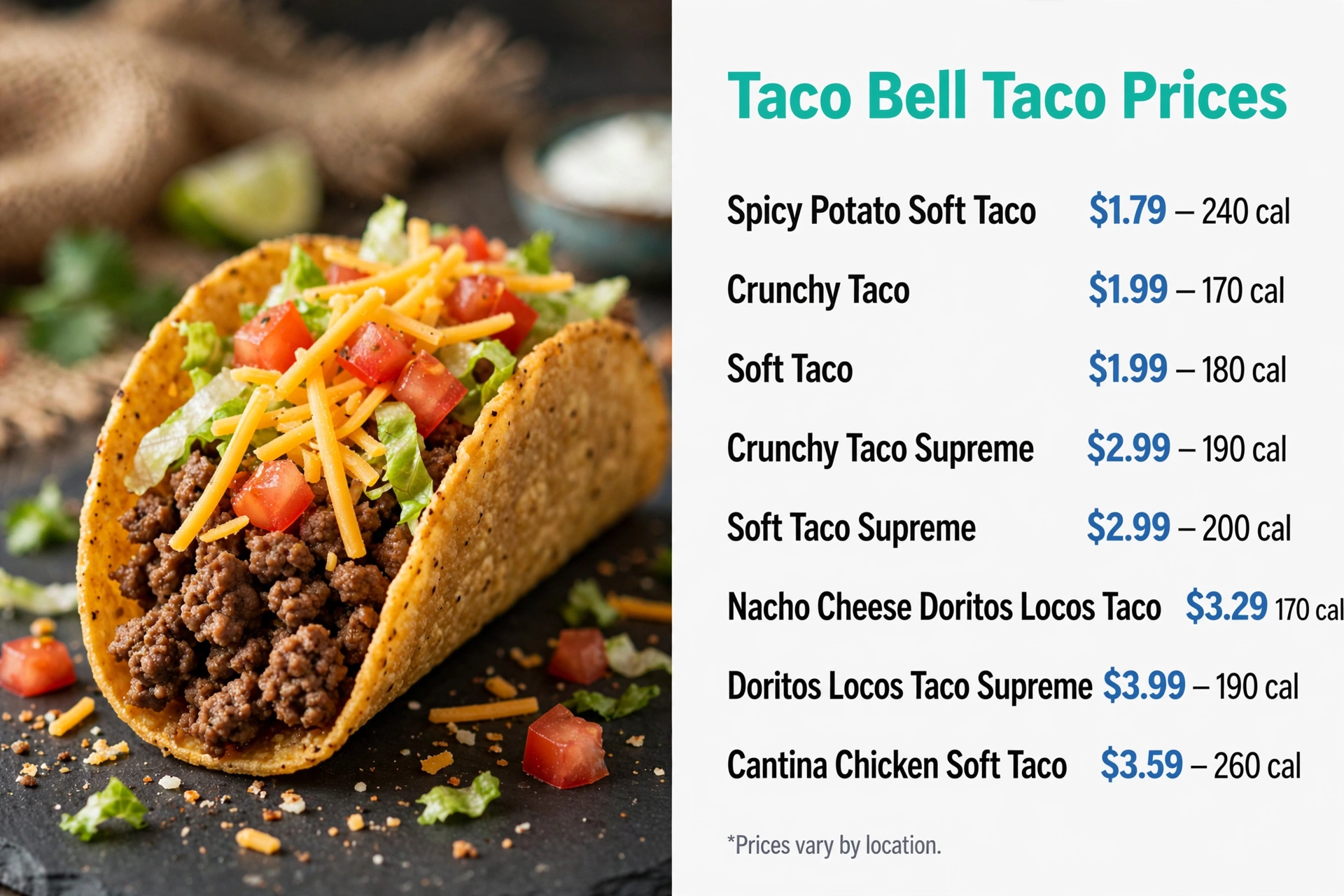 Infographic showing Taco Bell taco prices and calories for crunchy, soft, Supreme, and Doritos Locos tacos