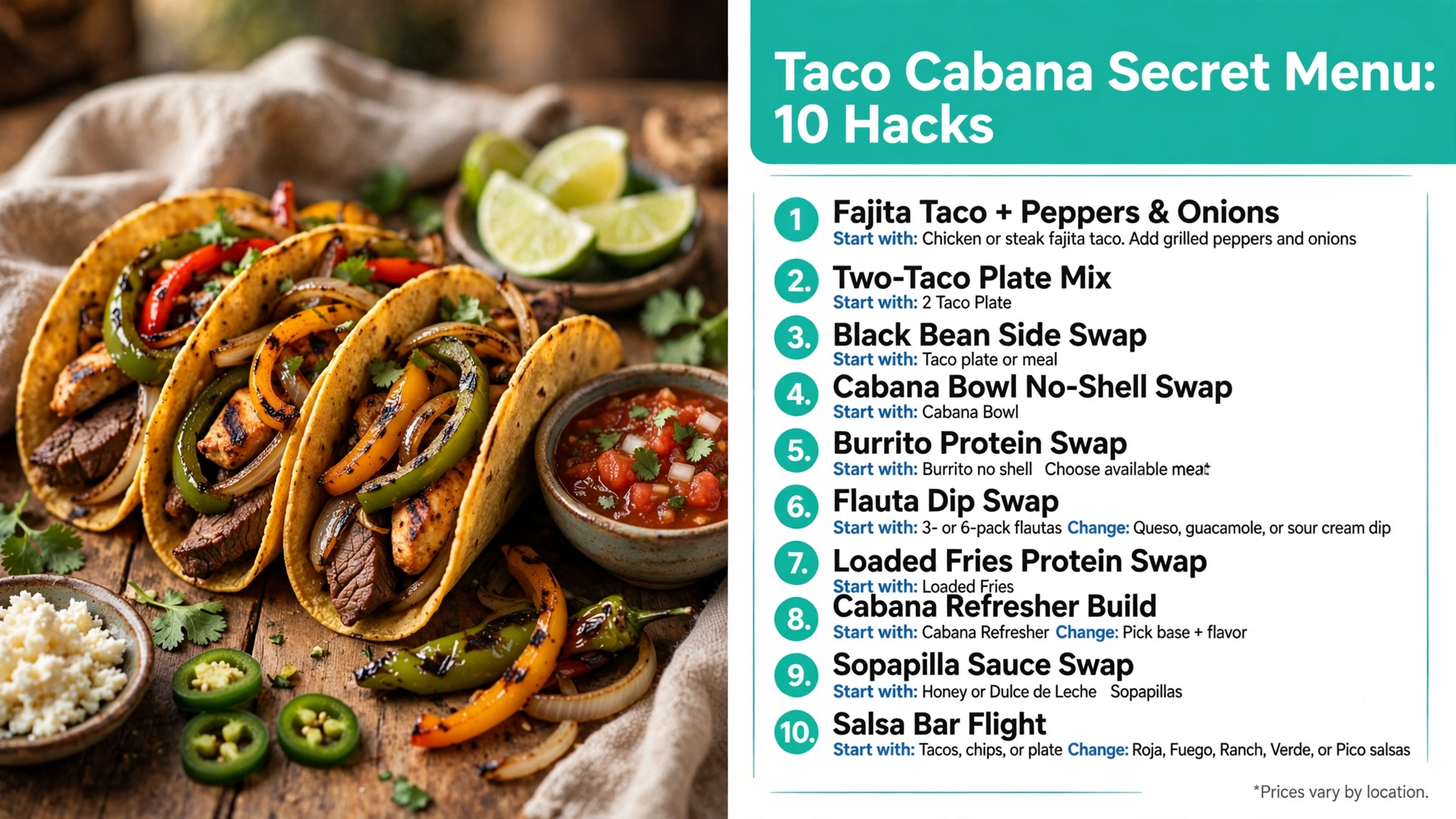 Taco Cabana Secret Menu infographic: 10 ordering hacks with taco photos