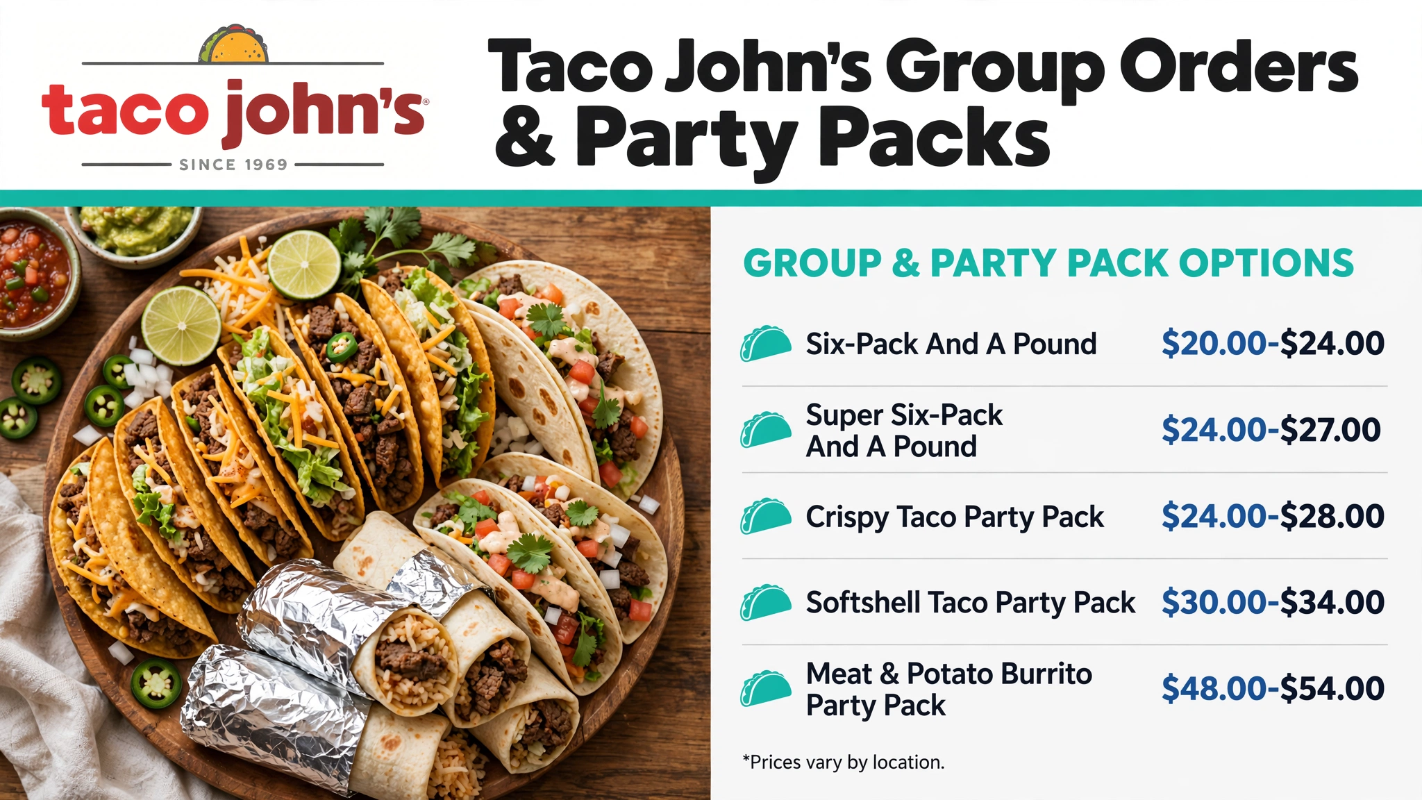 Taco John's group orders and party pack prices, October 2026