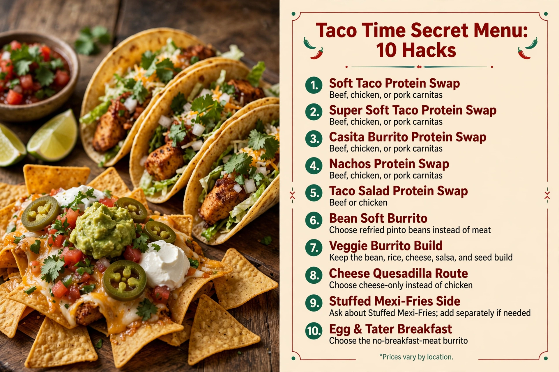 Taco Time secret menu 10 hacks infographic
