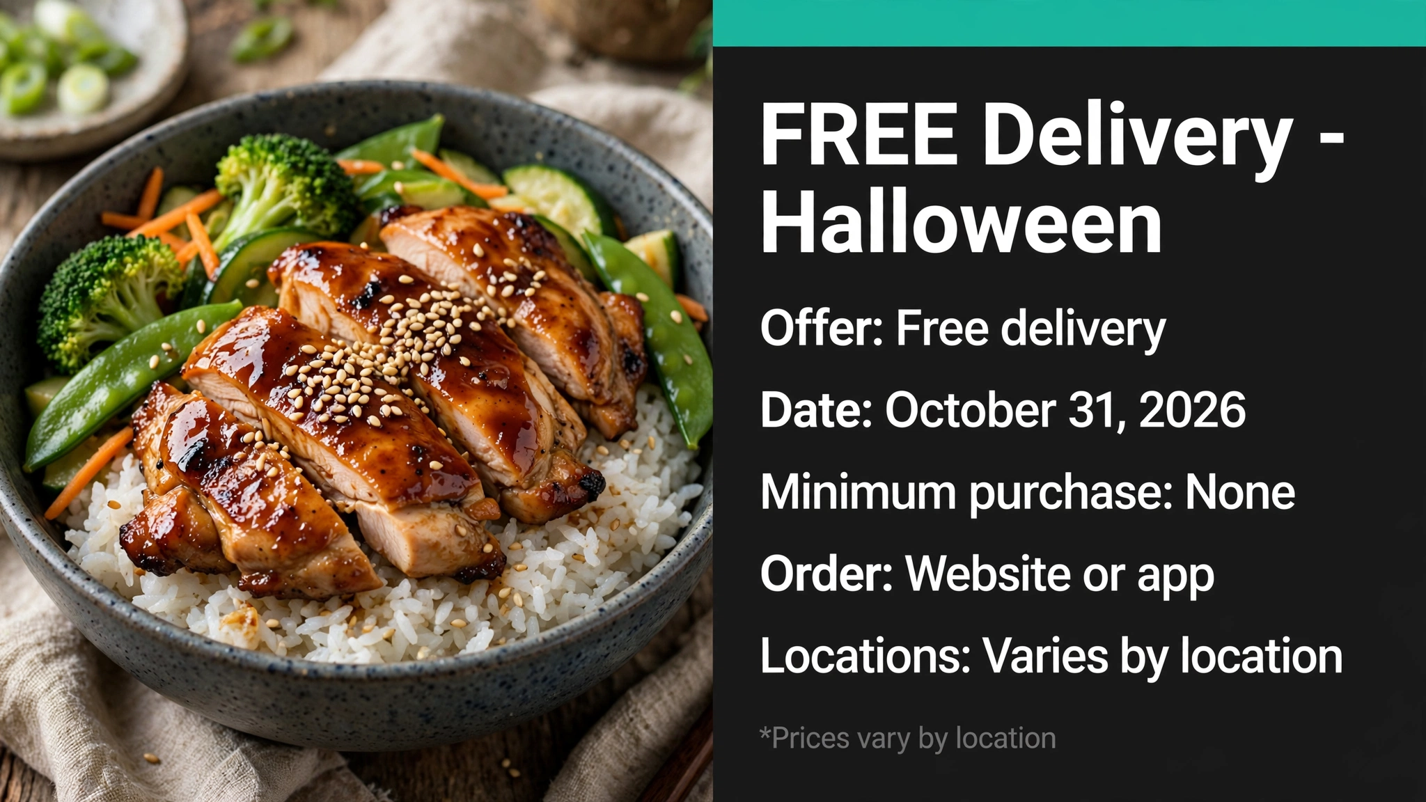 Teriyaki Madness Free Delivery Halloween deal infographic