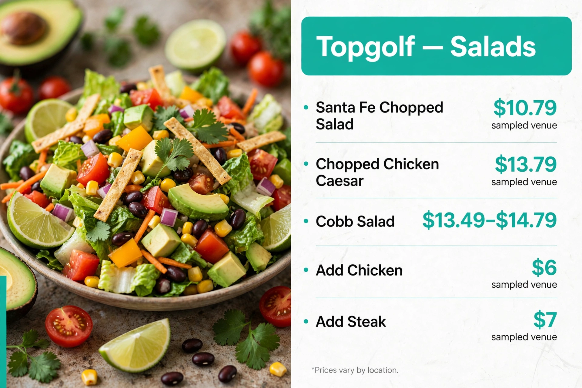 Topgolf menu prices: topgolf-menu-salads-prices infographic