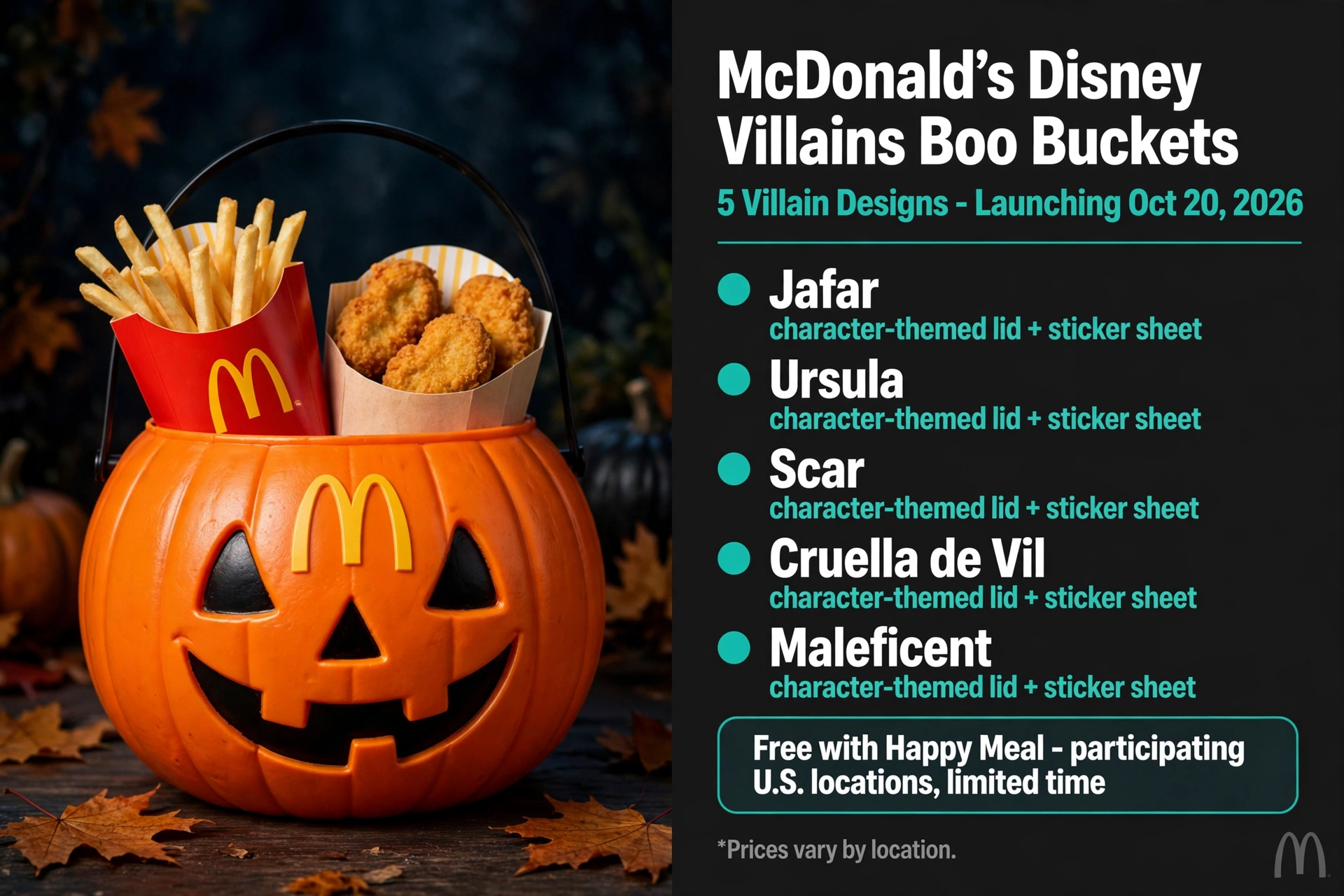 McDonald's Disney Villains Boo Buckets infographic: all 5 designs launching Oct 20 2026