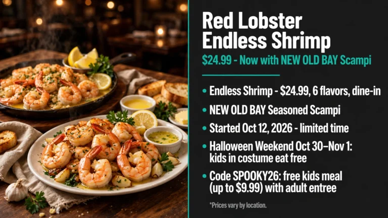 Red Lobster Endless Shrimp $24.99 infographic with new OLD BAY Scampi and Halloween weekend kids eat free