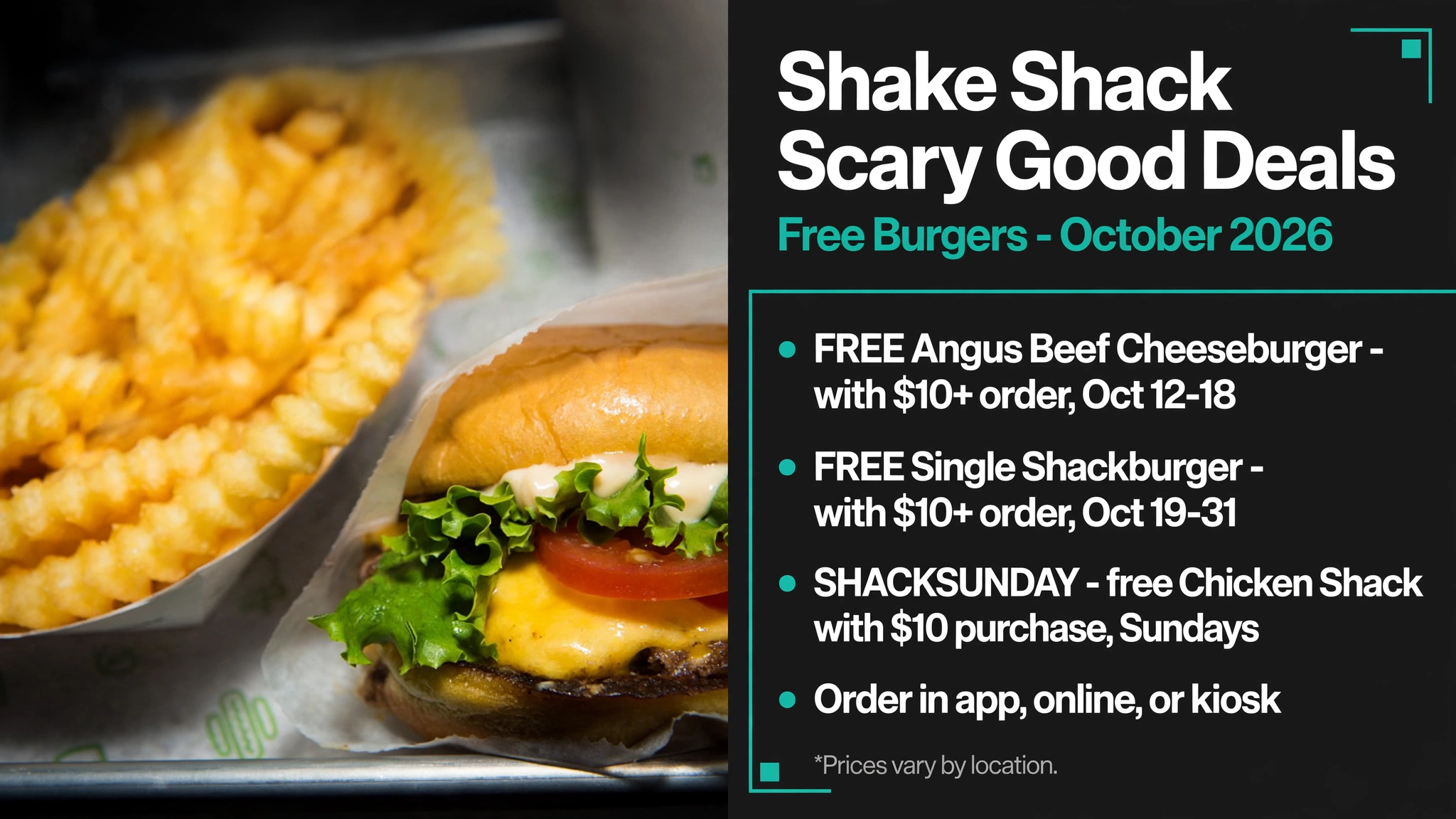 Shake Shack Scary Good deals infographic: free burgers Oct 12-18 and Oct 19-31, SHACKSUNDAY code