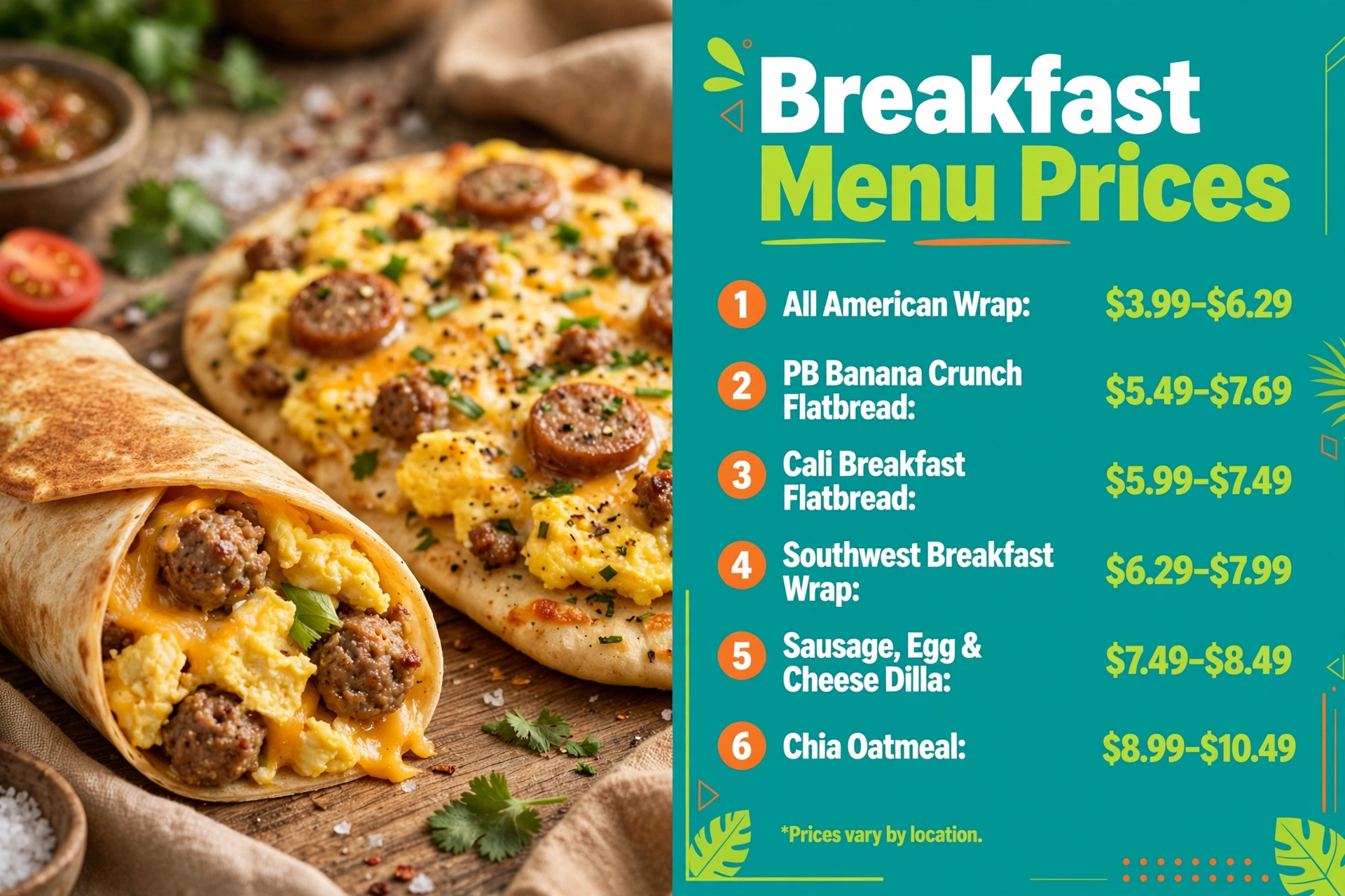 Tropical Smoothie Cafe breakfast menu prices infographic showing All American Wrap, breakfast flatbreads, breakfast wrap, sausage egg and cheese dilla and chia oatmeal price ranges