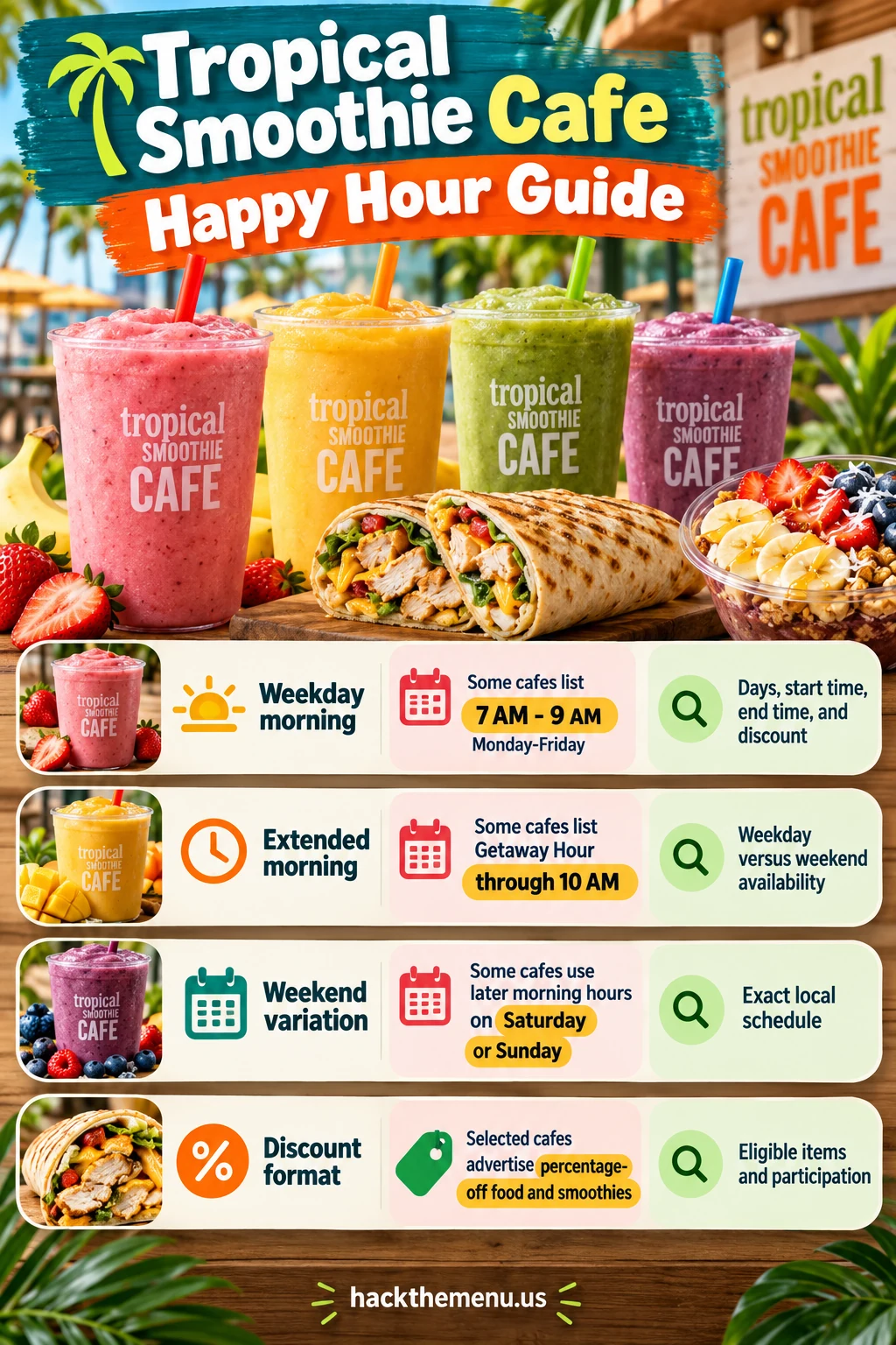 Tropical Smoothie Cafe Happy Hour Getaway Hour Times infographic