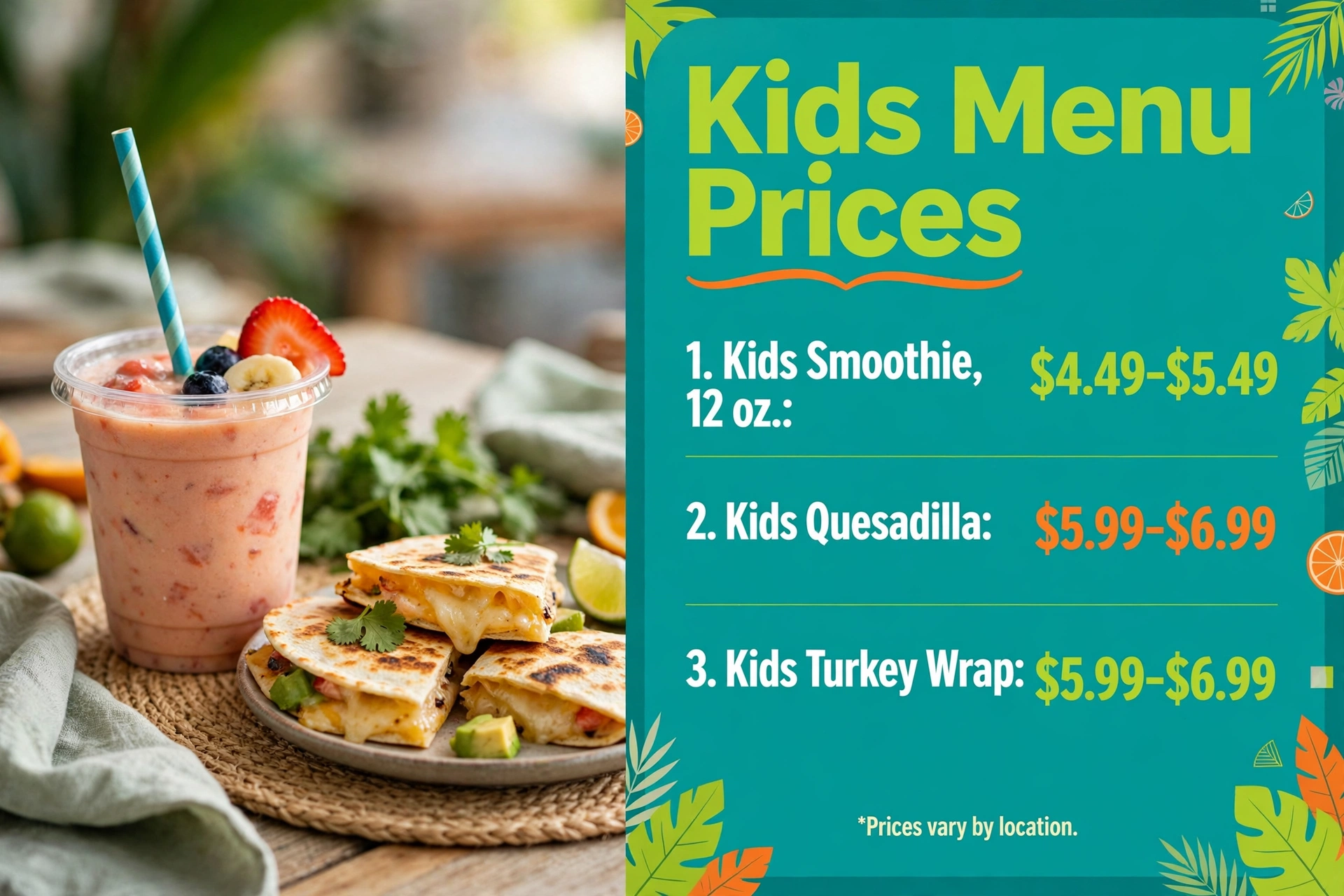 Tropical Smoothie Cafe kids menu prices infographic showing kids smoothie, kids quesadilla and kids turkey wrap price ranges