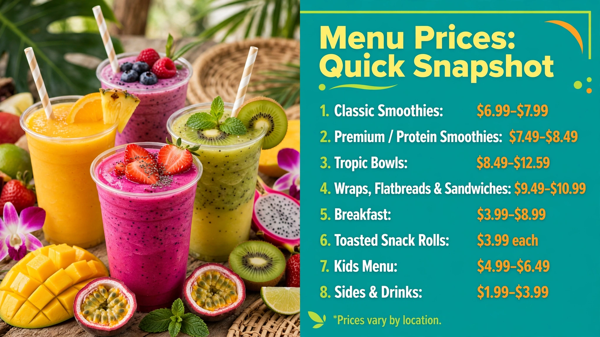 Tropical Smoothie Cafe menu prices quick snapshot infographic showing classic smoothies, premium protein smoothies, tropic bowls, wraps and flatbreads, breakfast, snack rolls, kids menu and sides price ranges