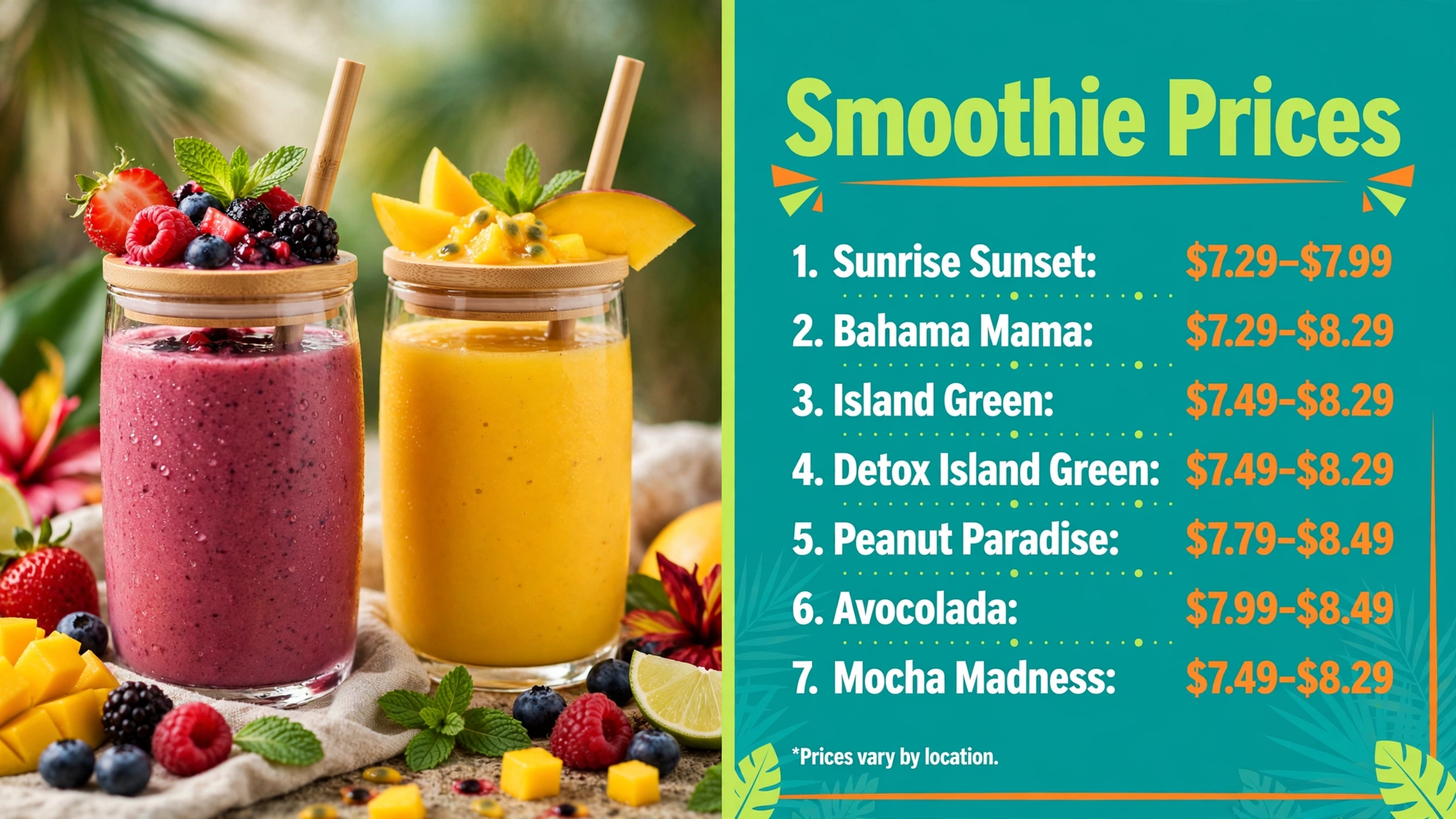 Tropical Smoothie Cafe smoothie prices infographic showing Sunrise Sunset, Bahama Mama, Island Green, Detox Island Green, Peanut Paradise, Avocolada and Mocha Madness price ranges