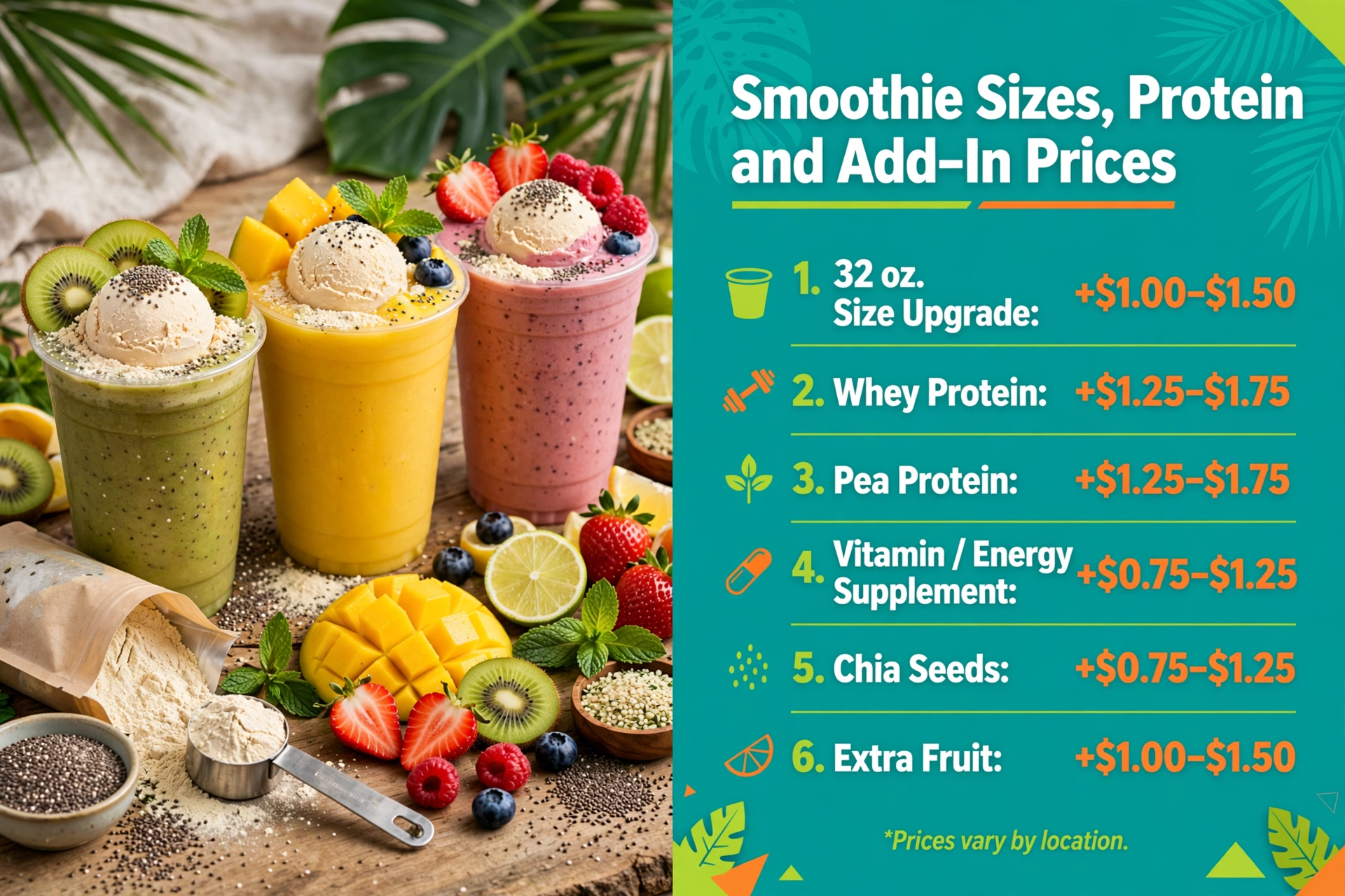 Tropical Smoothie Cafe smoothie sizes, protein and add-in prices infographic showing 32 oz upgrade, whey protein, pea protein, vitamin supplement, chia seeds and extra fruit upgrade prices