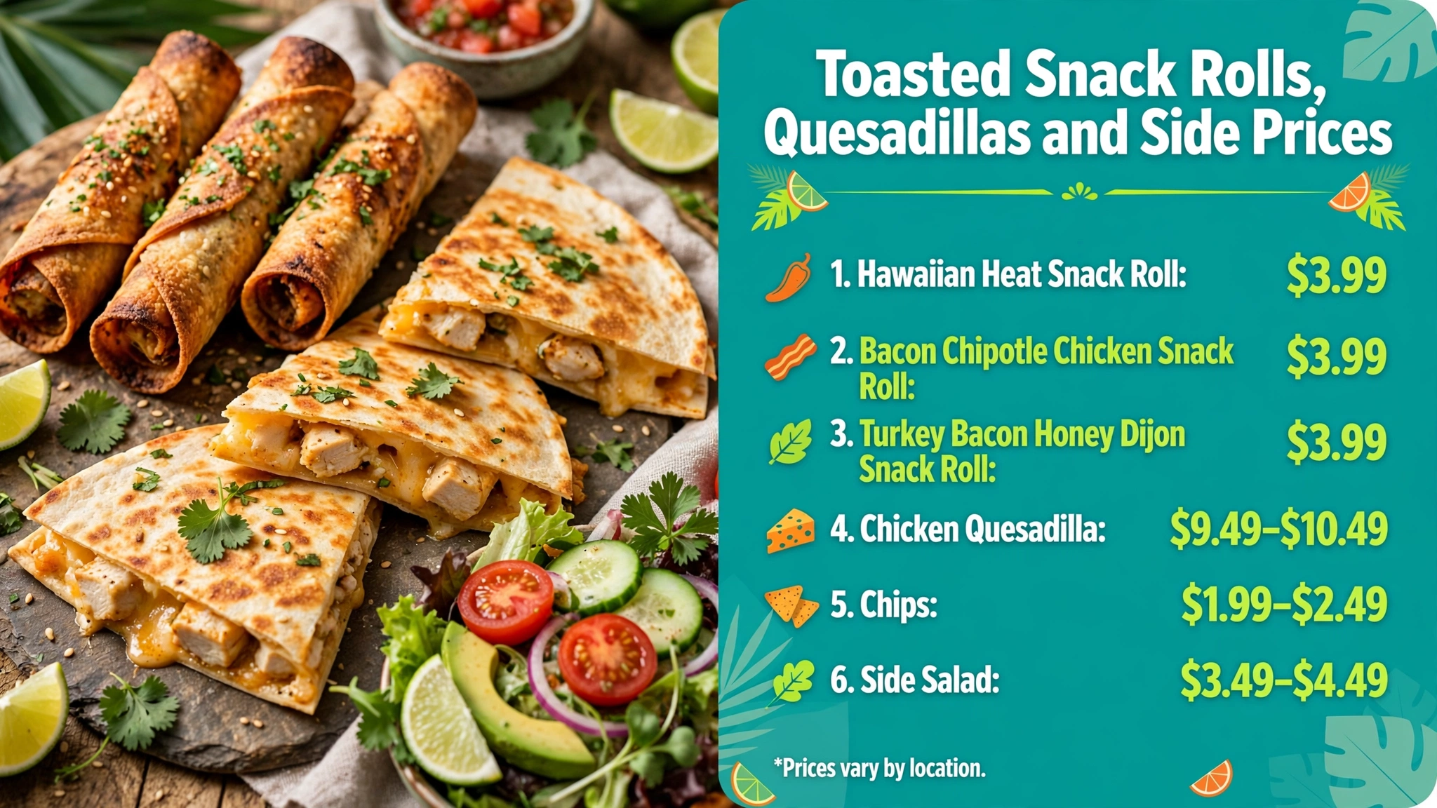 Tropical Smoothie Cafe toasted snack roll, quesadilla and side prices infographic showing snack rolls, chicken quesadilla, chips and side salad prices