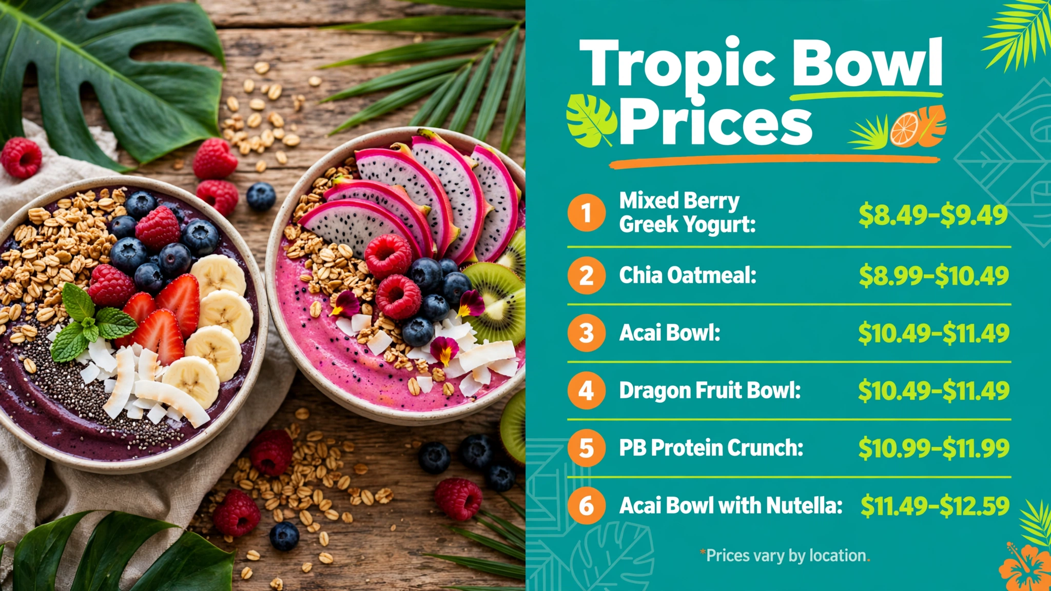 Tropical Smoothie Cafe tropic bowl prices infographic showing Mixed Berry Greek Yogurt, Chia Oatmeal, Acai Bowl, Dragon Fruit Bowl, PB Protein Crunch and Acai Bowl with Nutella price ranges