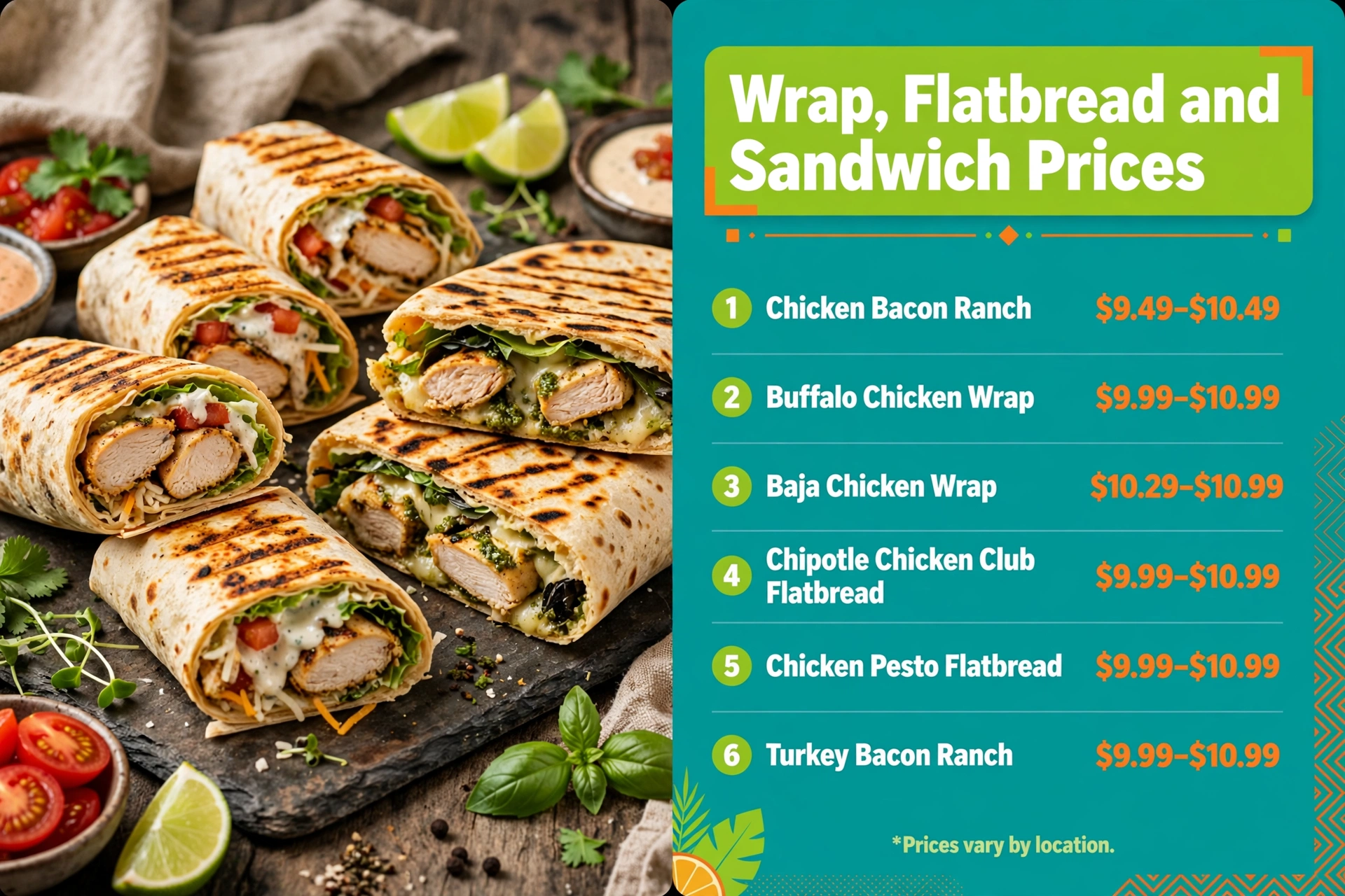 Tropical Smoothie Cafe wrap, flatbread and sandwich prices infographic showing Chicken Bacon Ranch, Buffalo Chicken Wrap, Baja Chicken Wrap and flatbread price ranges