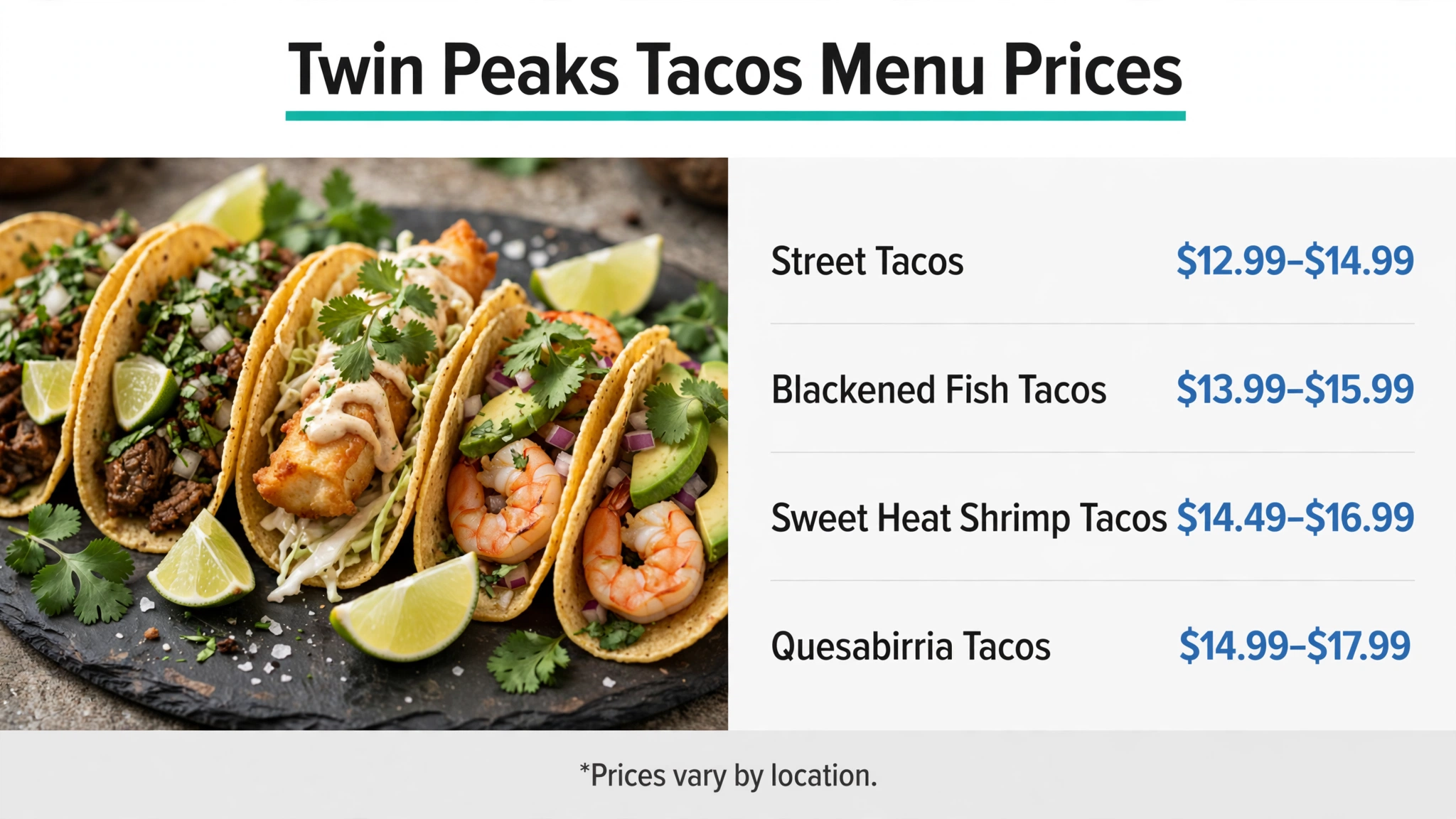 Twin Peaks tacos menu with prices