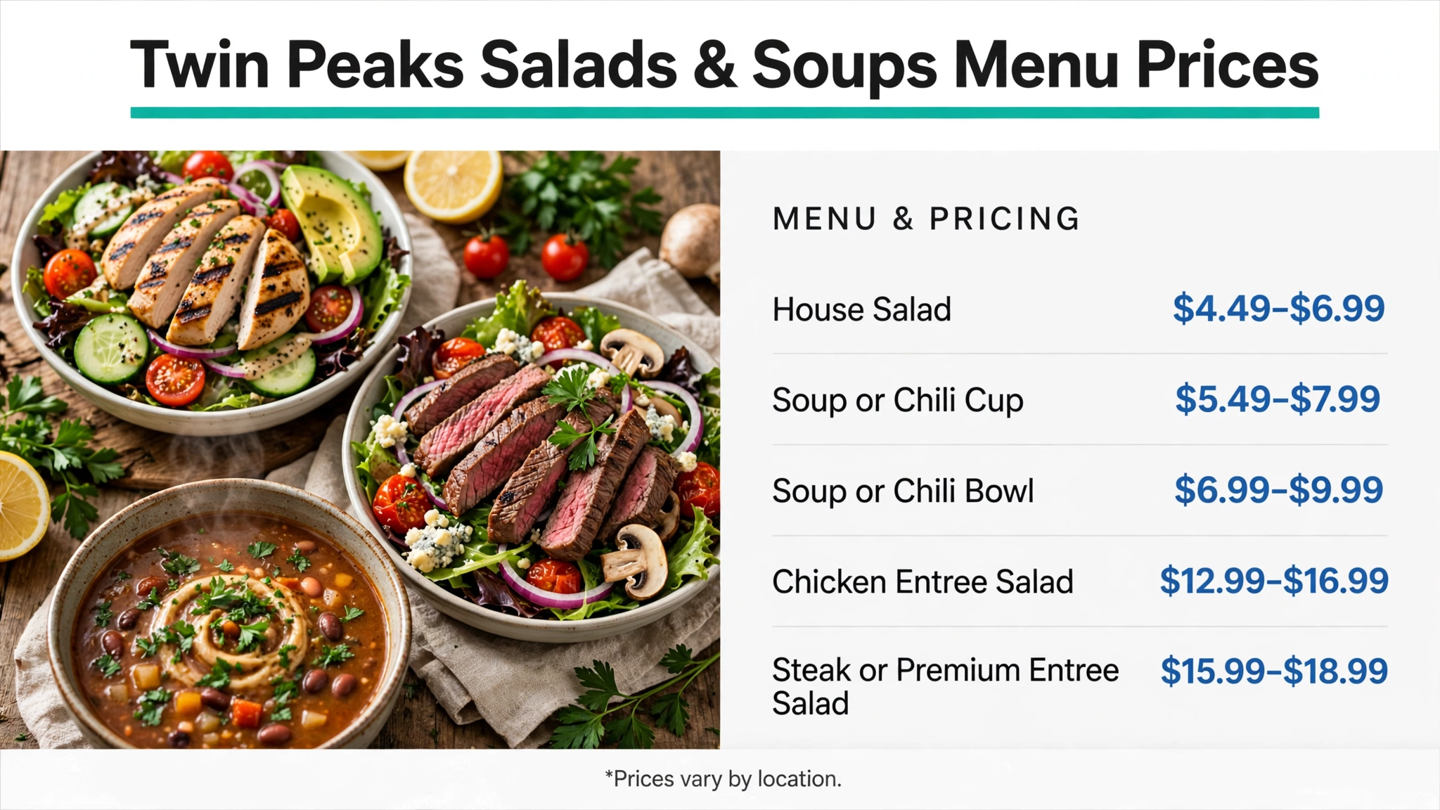 Twin Peaks salads and soups menu with prices