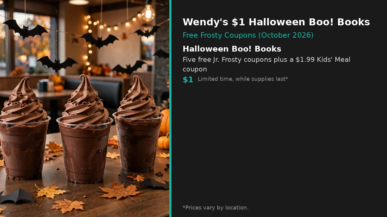 Infographic: Wendy's $1 Halloween Boo! Books with free Jr. Frosty coupons, October 2026