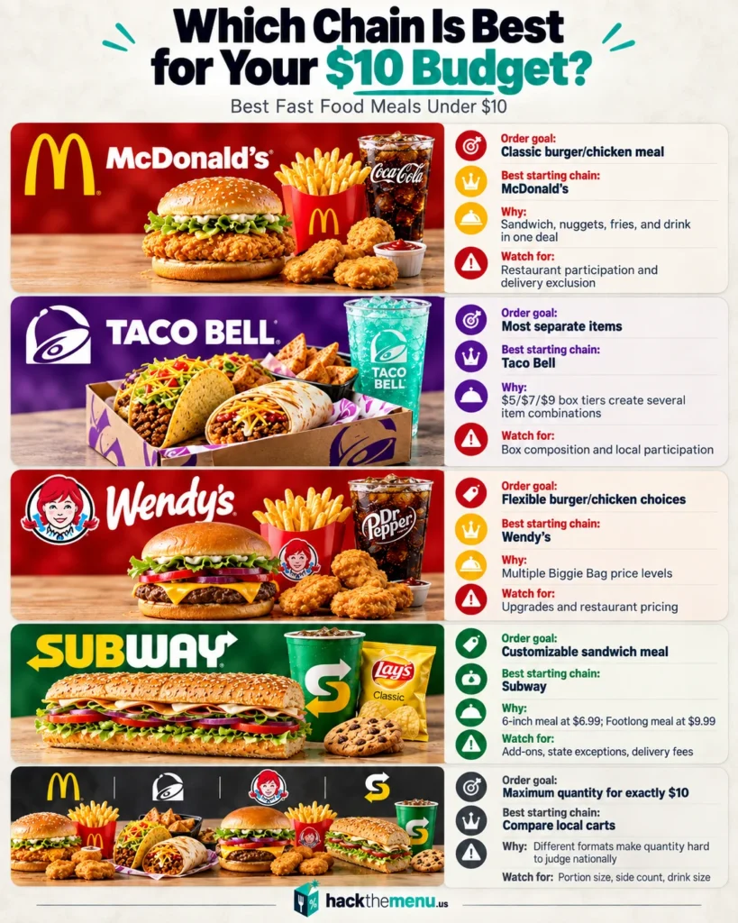 Which Chain Is Best for Your $10 Budget infographic matching five order goals to the best fast food chain: McDonald's, Taco Bell, Wendy's, Subway, and compare local carts