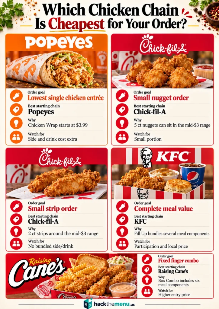 Which Chicken Chain Is Cheapest for Your Order infographic matching five order goals to the best chicken chain: Popeyes, Chick-fil-A, KFC, and Raising Cane's