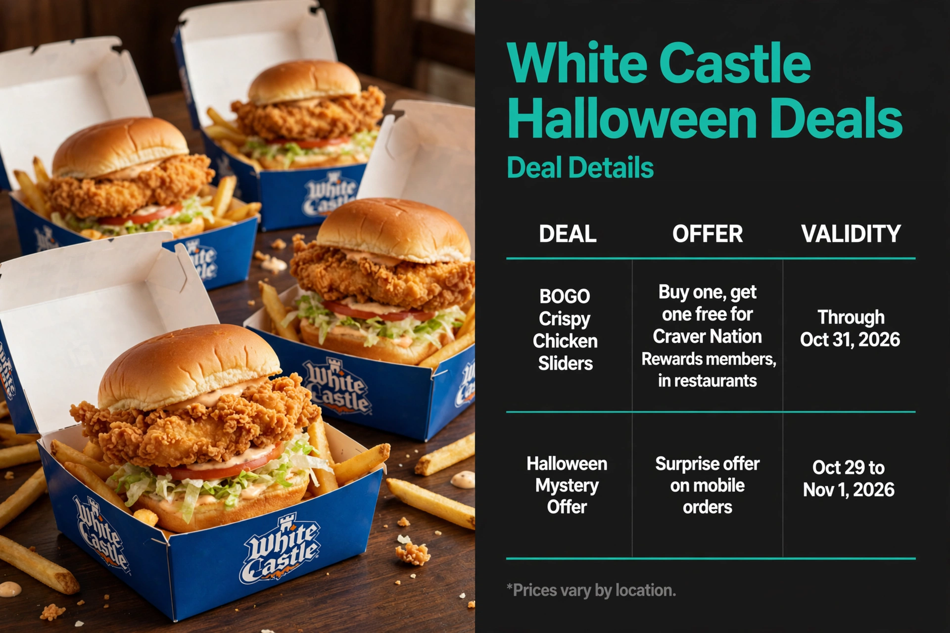 White Castle Halloween BOGO Crispy Chicken Sliders deal infographic