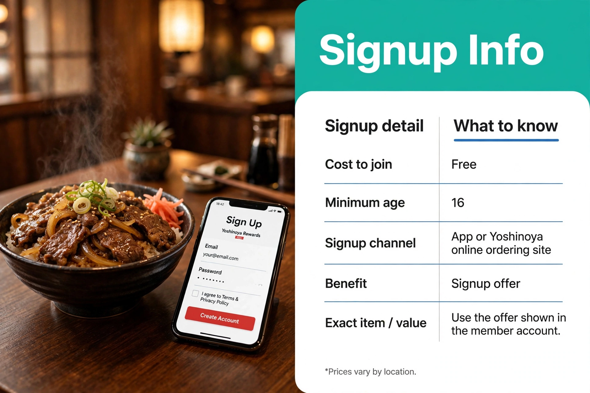 Yoshinoya Rewards signup details: free to join, minimum age 16, app or online signup channel and signup offer